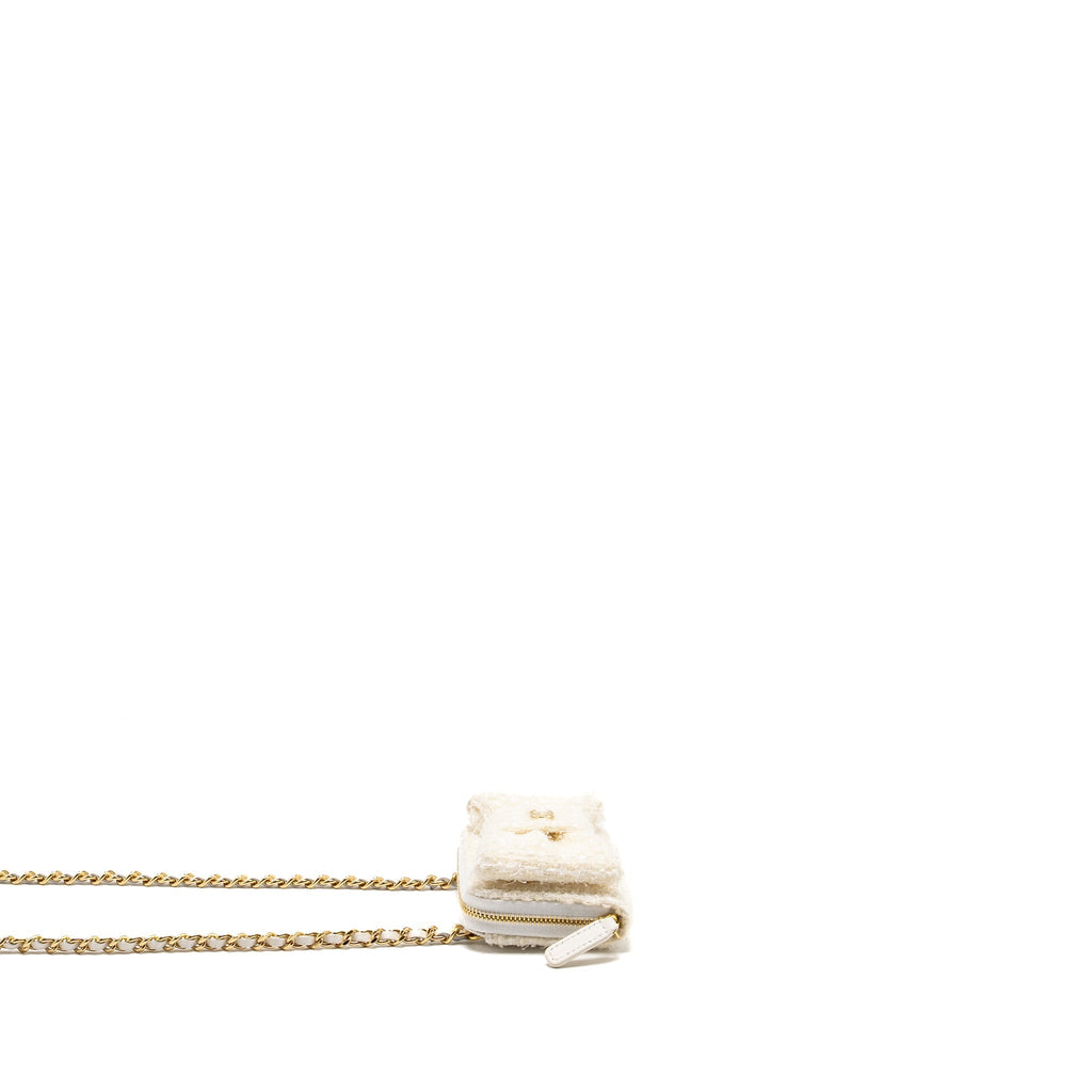 Chanel Mini Bow Card Holder With Chain Tweed White L (Microchip)