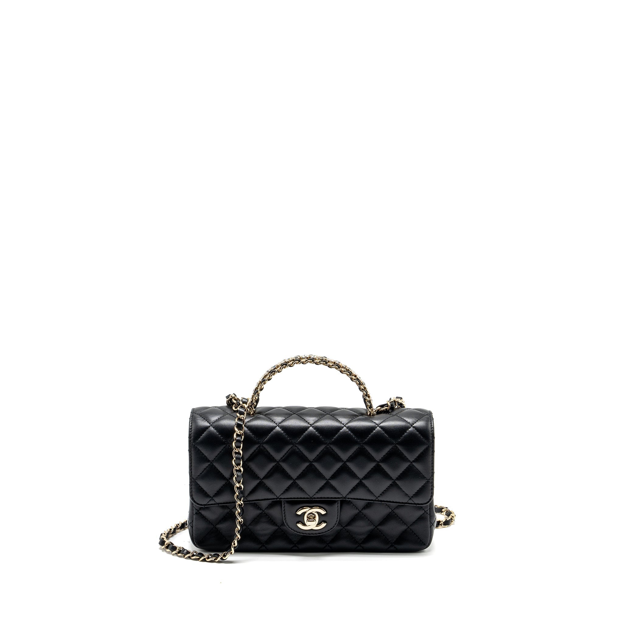 Chanel Crystal Detailed Top Handle Flap Bag Lambskin Black  (Microchip)