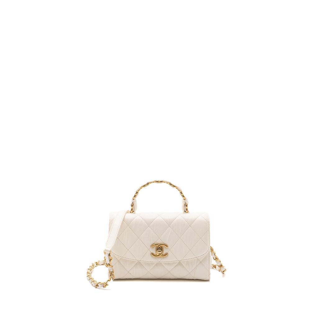 Chanel Top Handle Flap Bag Lambskin White Brush