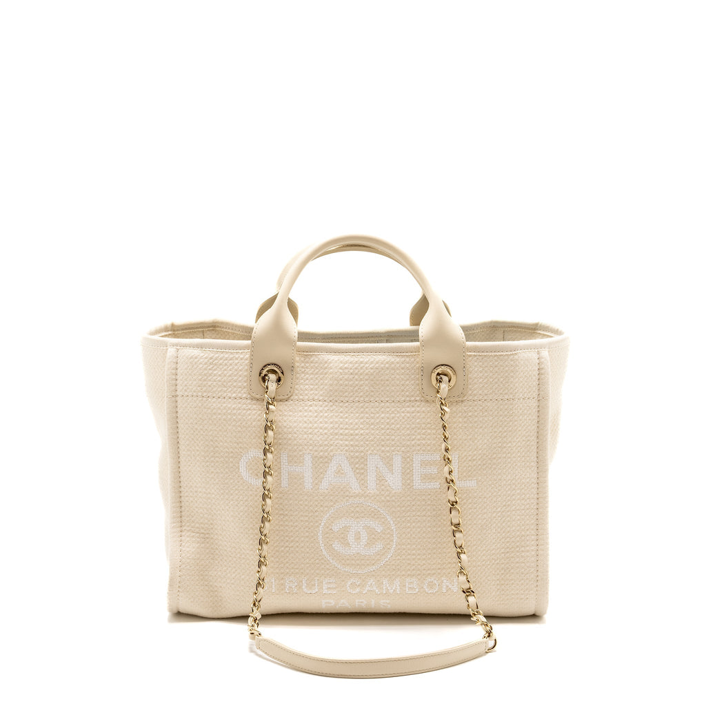 Chanel Small Deauville Shopping Tote Bag Calfskin/Fabric Light Beige L (microchip)