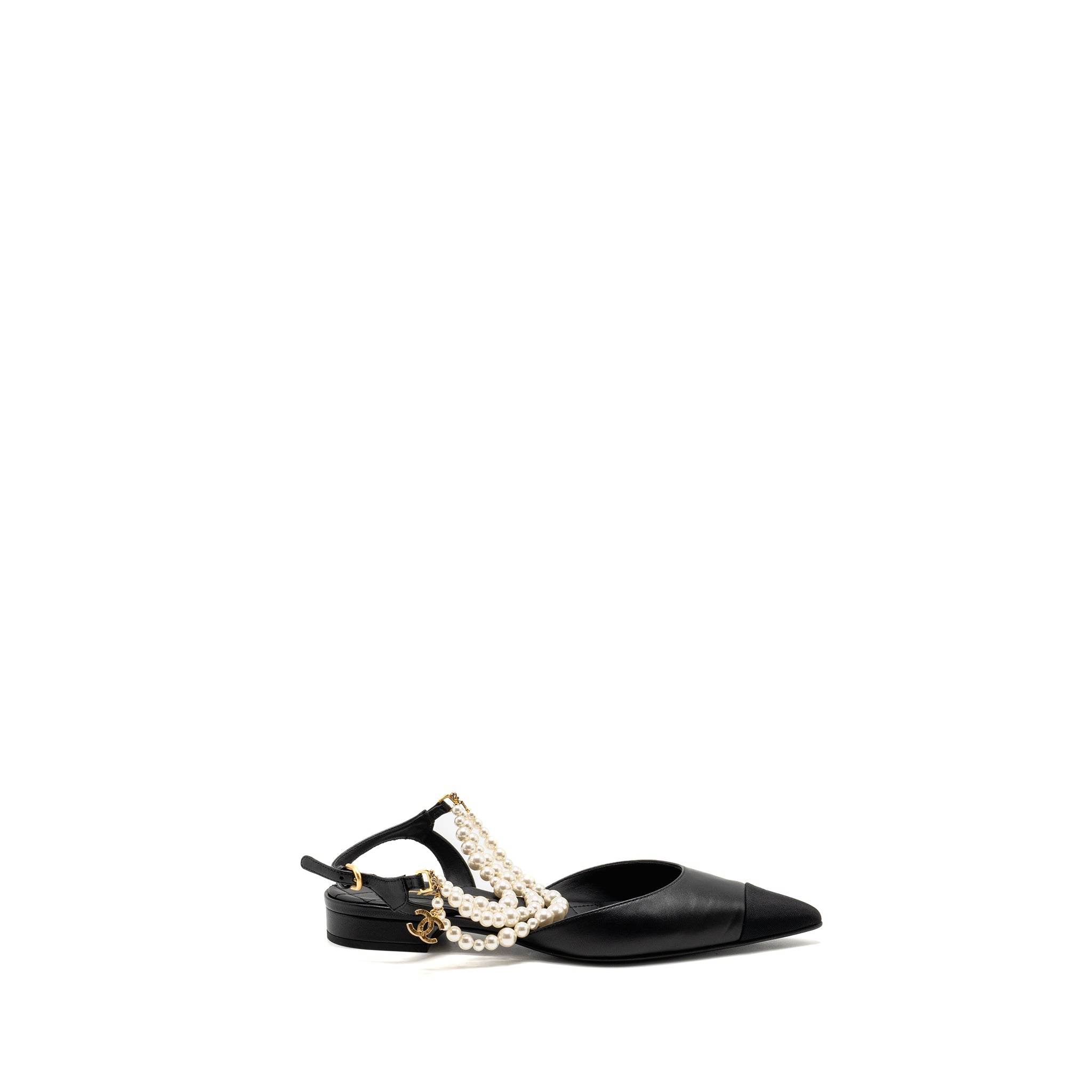 Chanel 22A Size 37.5 Slingback Mules with Pearls Lambskin Black L