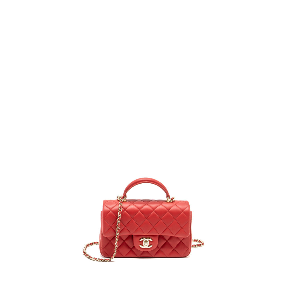 Chanel Top Handle Mini Rectangular Flap Bag Lambskin Red L (Microchip)