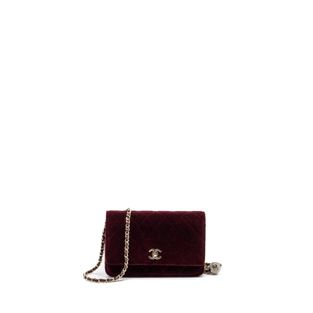 Chanel Crystal Pearl Crush Wallet On Chain Velvet Burgundy L