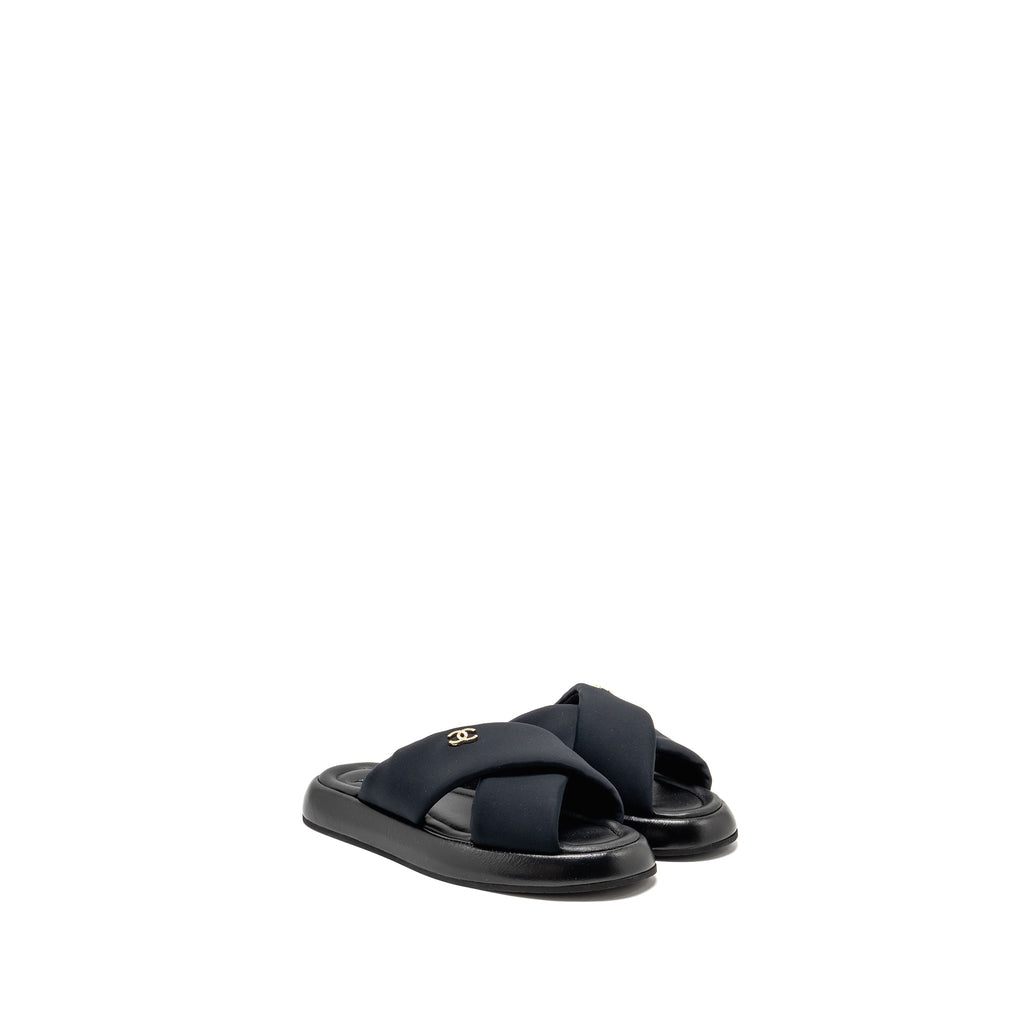 Chanel Size 38 CC Puffy Mule Sandals Fabric/Leather Black