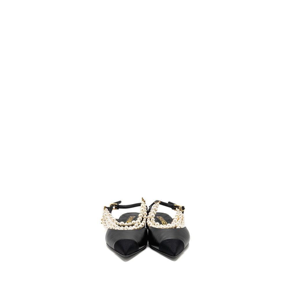Chanel 22A Size 37.5 Slingback Mules with Pearls Lambskin Black L