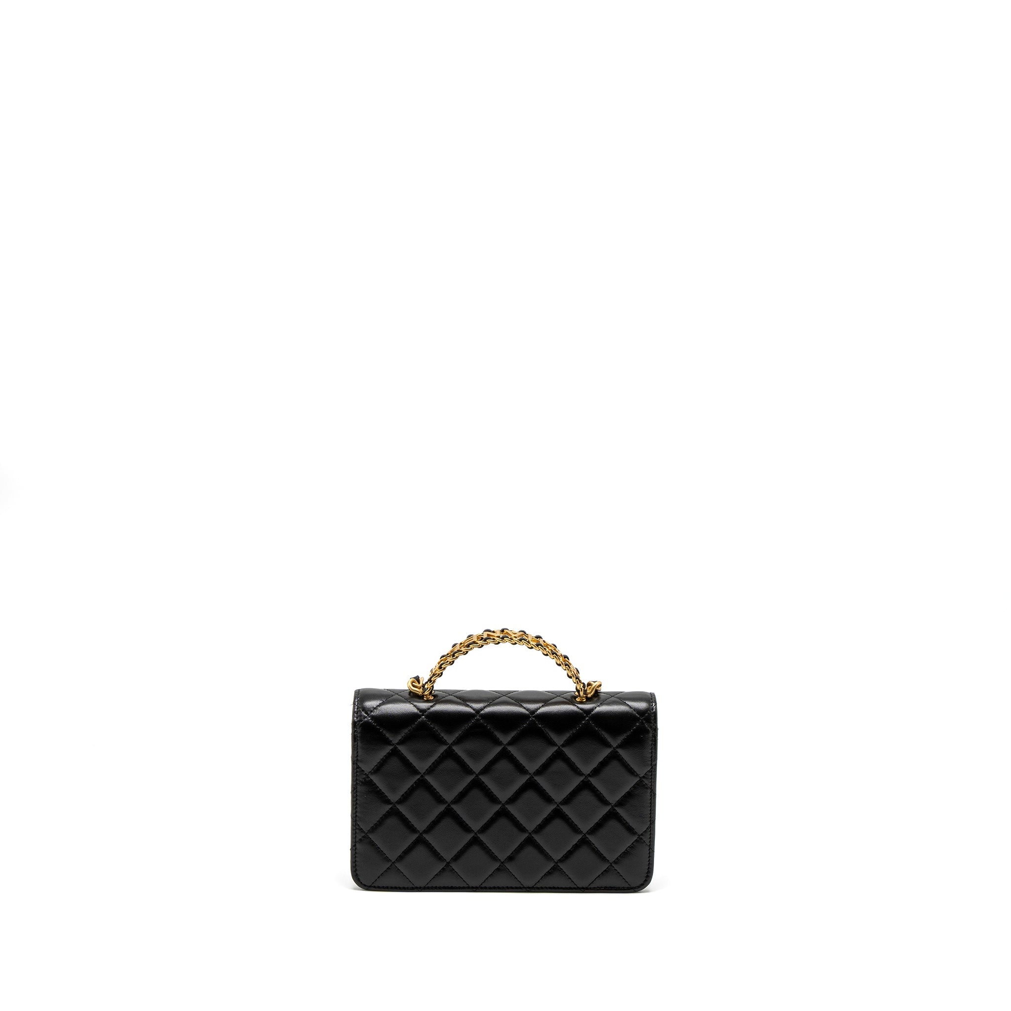 Chanel Detail Top Handle Wallet On Chain Lambskin Black Brushed  (Microchip)
