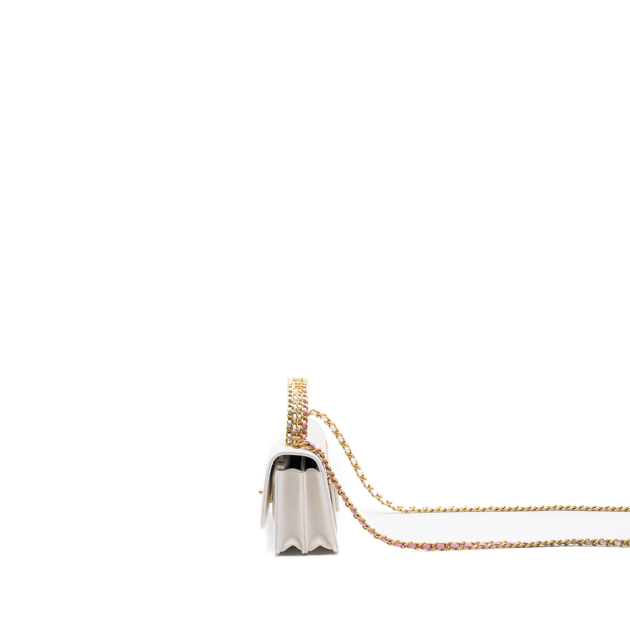Chanel 23P detailed top handle mini wallet with chain calfskin white / multi color brushed  (microchip)
