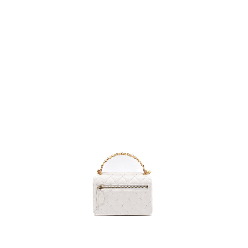 Chanel 23P detailed top handle mini wallet with chain calfskin white / multi color brushed  (microchip)