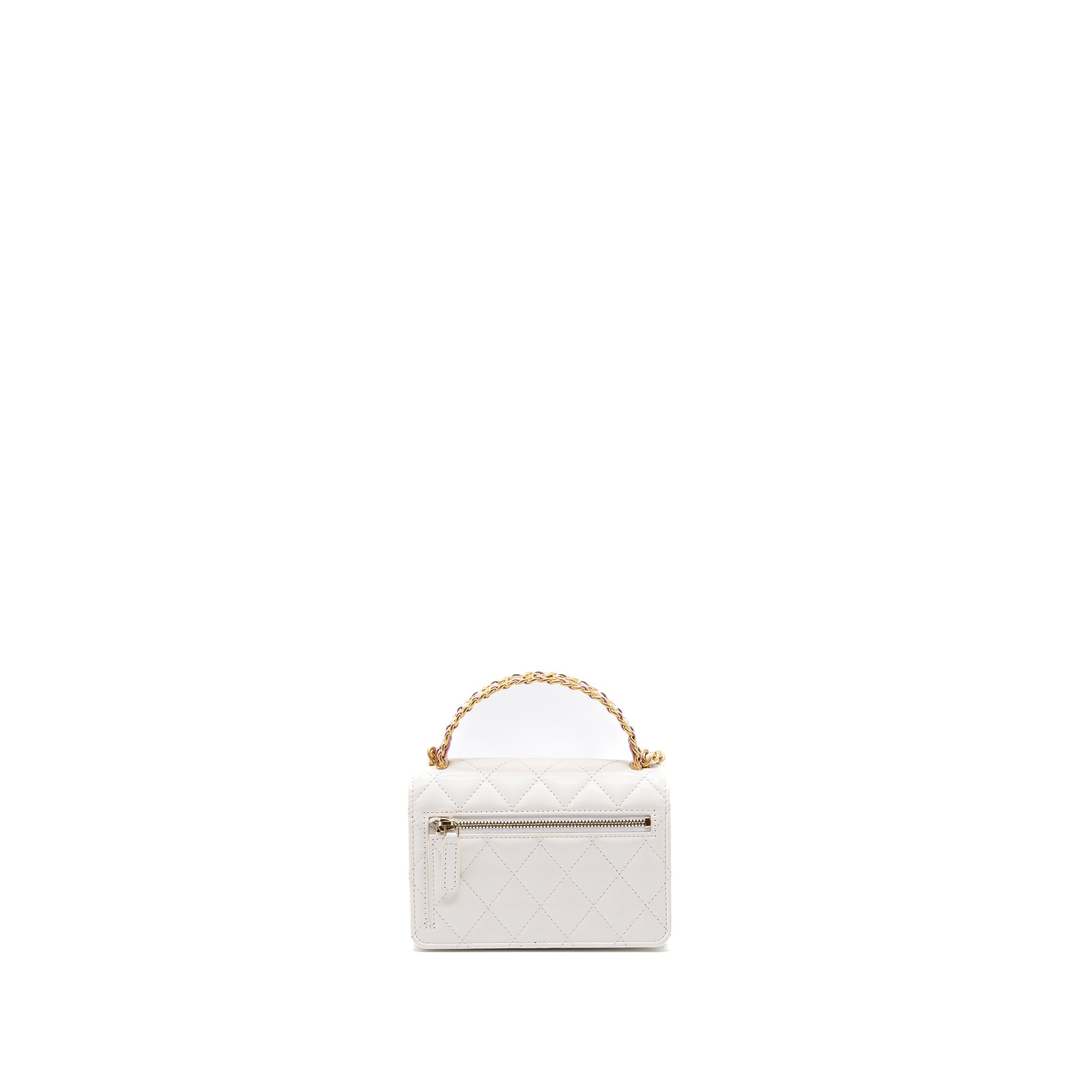 Chanel 23P detailed top handle mini wallet with chain calfskin white / multi color brushed  (microchip)