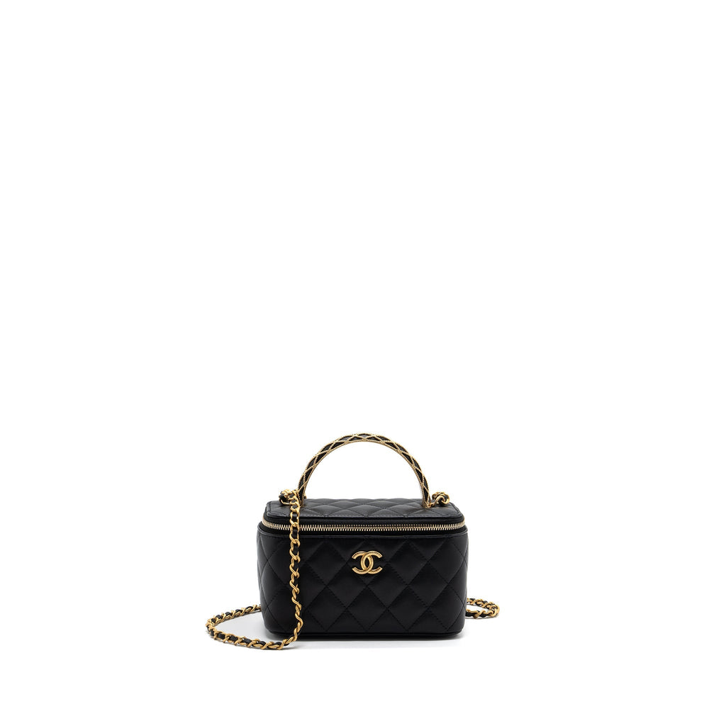 Chanel Detail Top Handle Long Vanity With Chains Lambskin Black (Microchip)