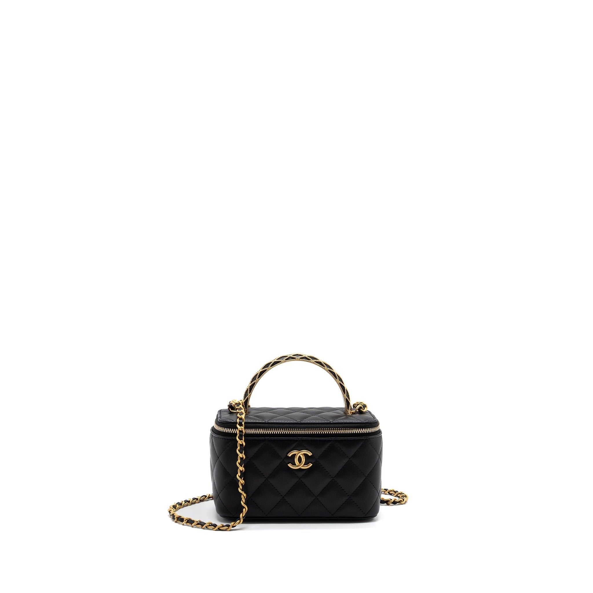 Chanel Detail Top Handle Long Vanity With Chains Lambskin Black (Microchip)