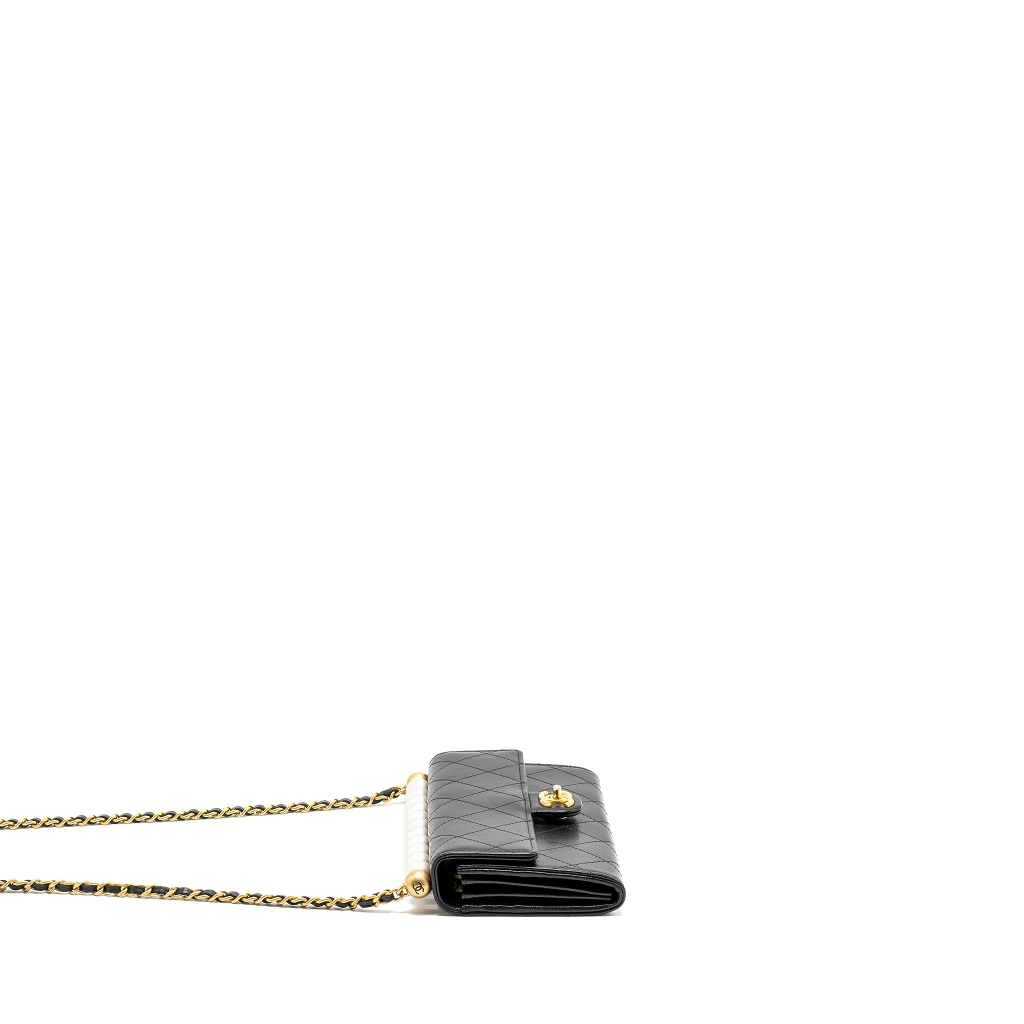 Chanel Quilted Pearl Long Wallet on Chain Goatskin Black
