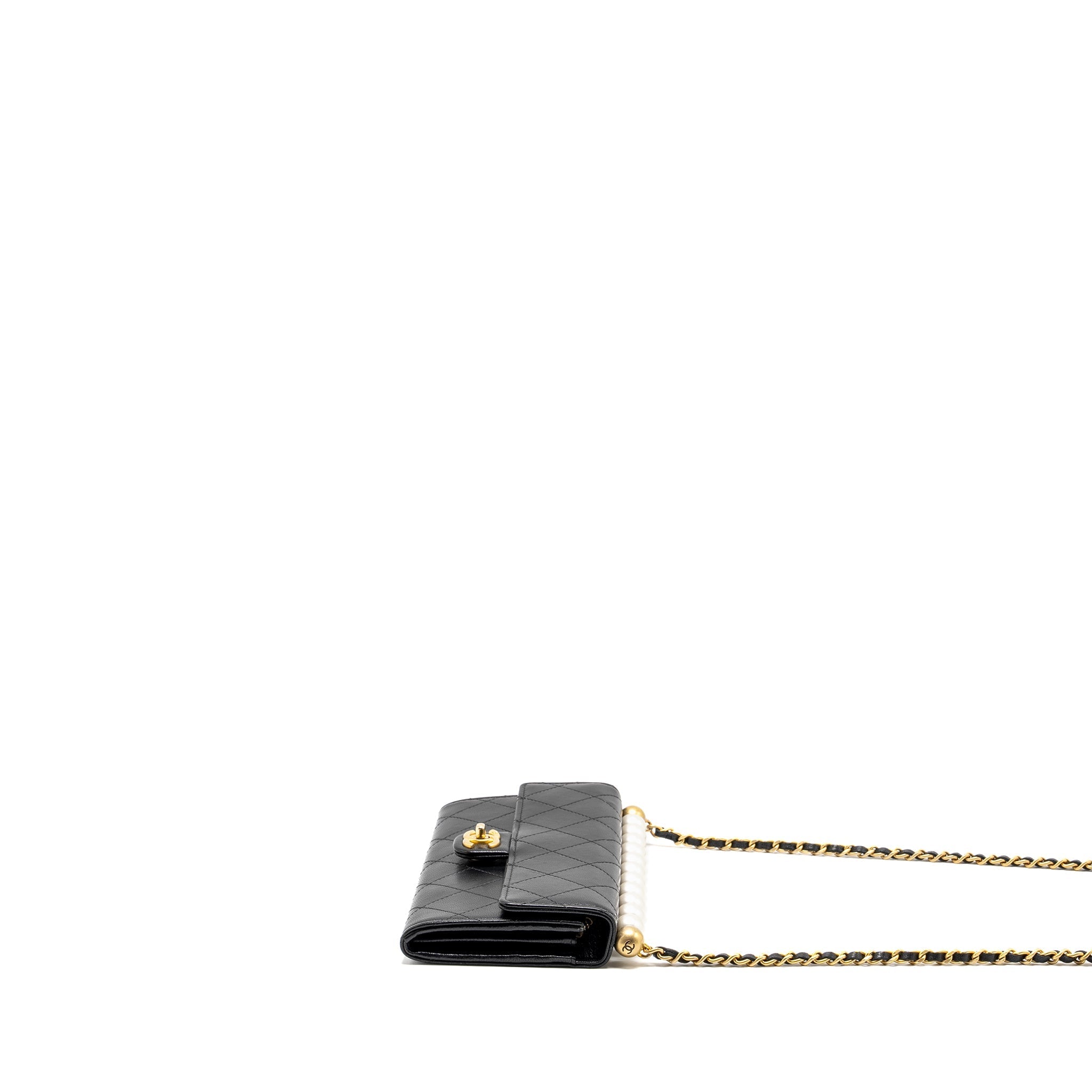 Chanel Quilted Pearl Long Wallet on Chain Goatskin Black