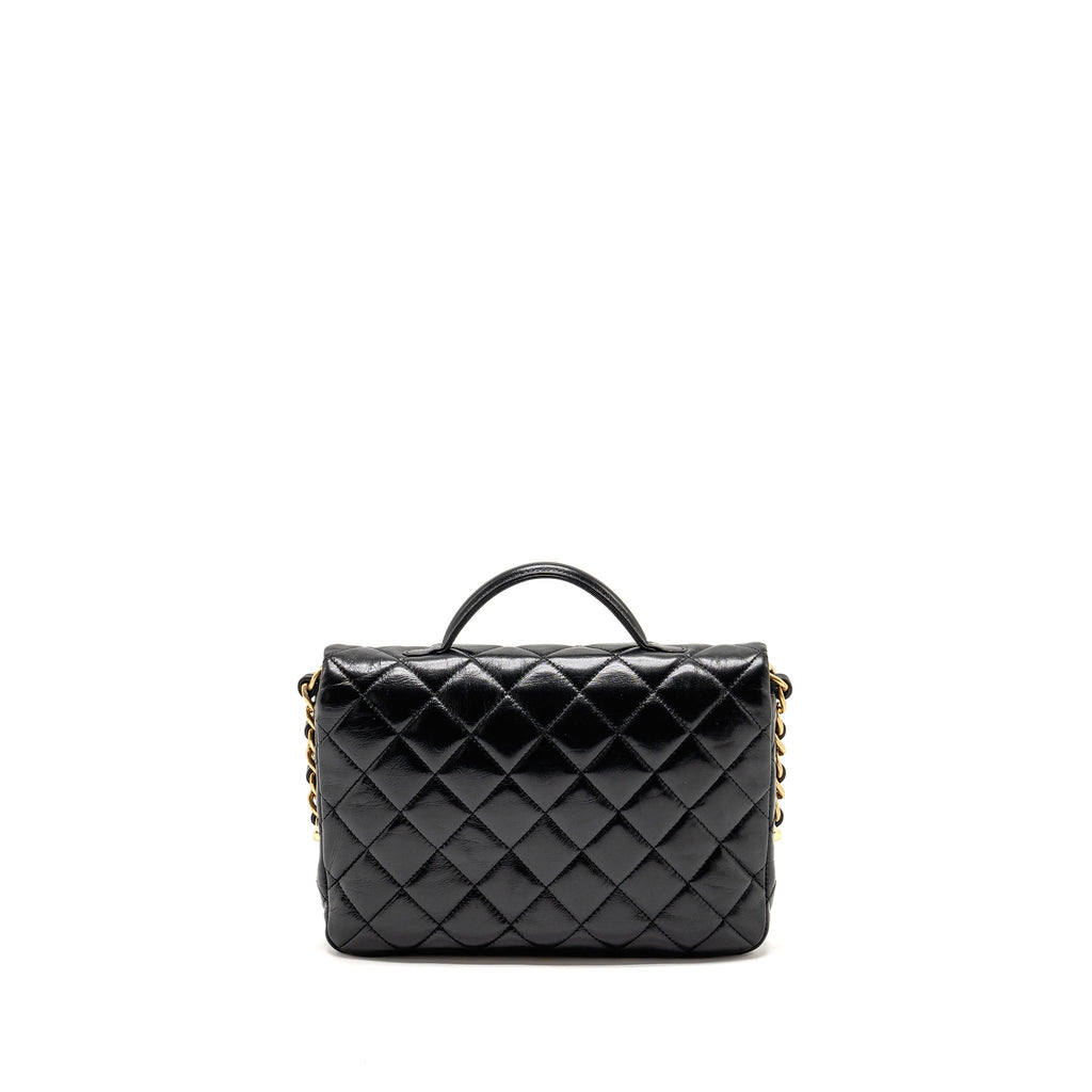 Chanel Double pocket top handle messanger bag shiny calfskin black  (microchip )