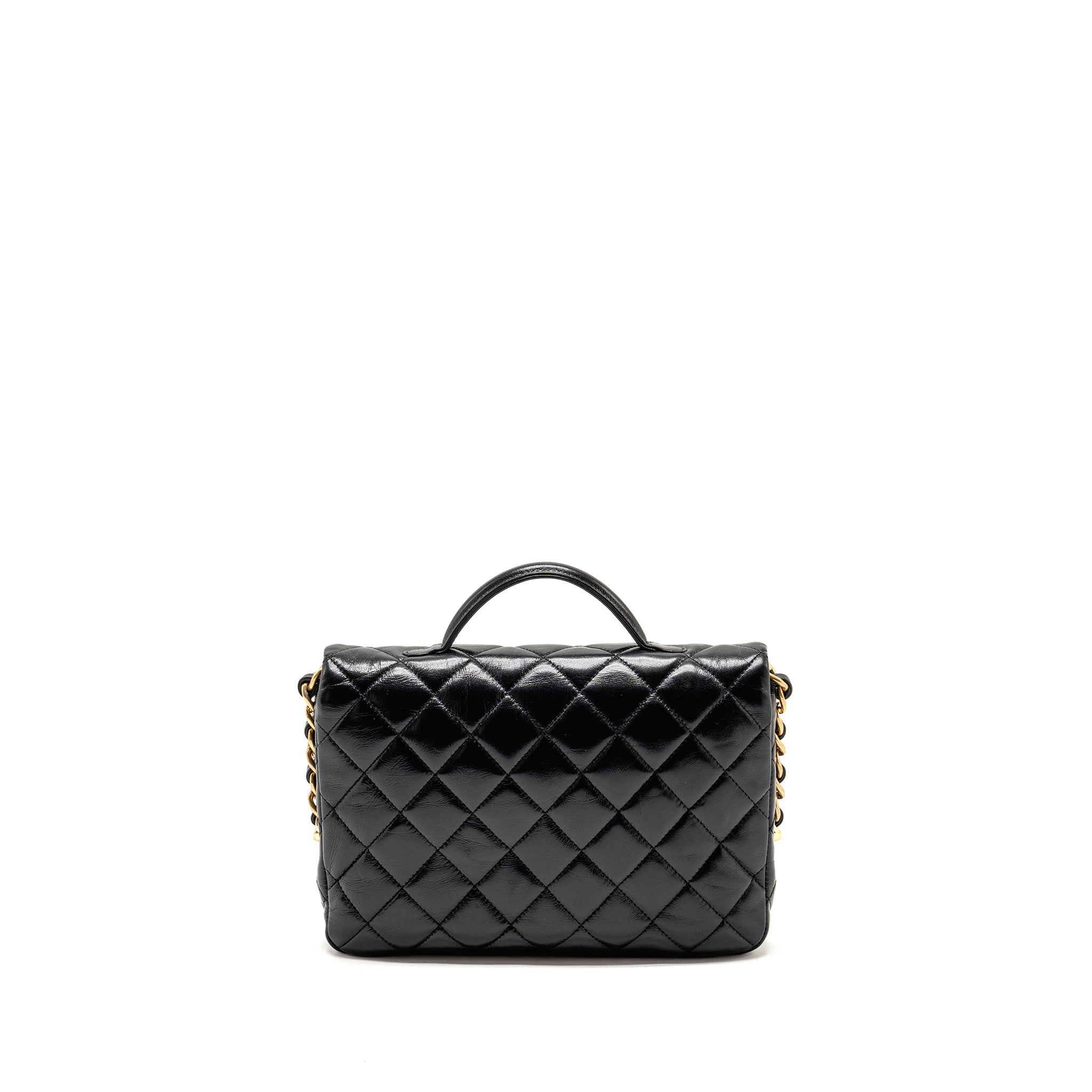 Chanel Double pocket top handle messanger bag shiny calfskin black  (microchip )