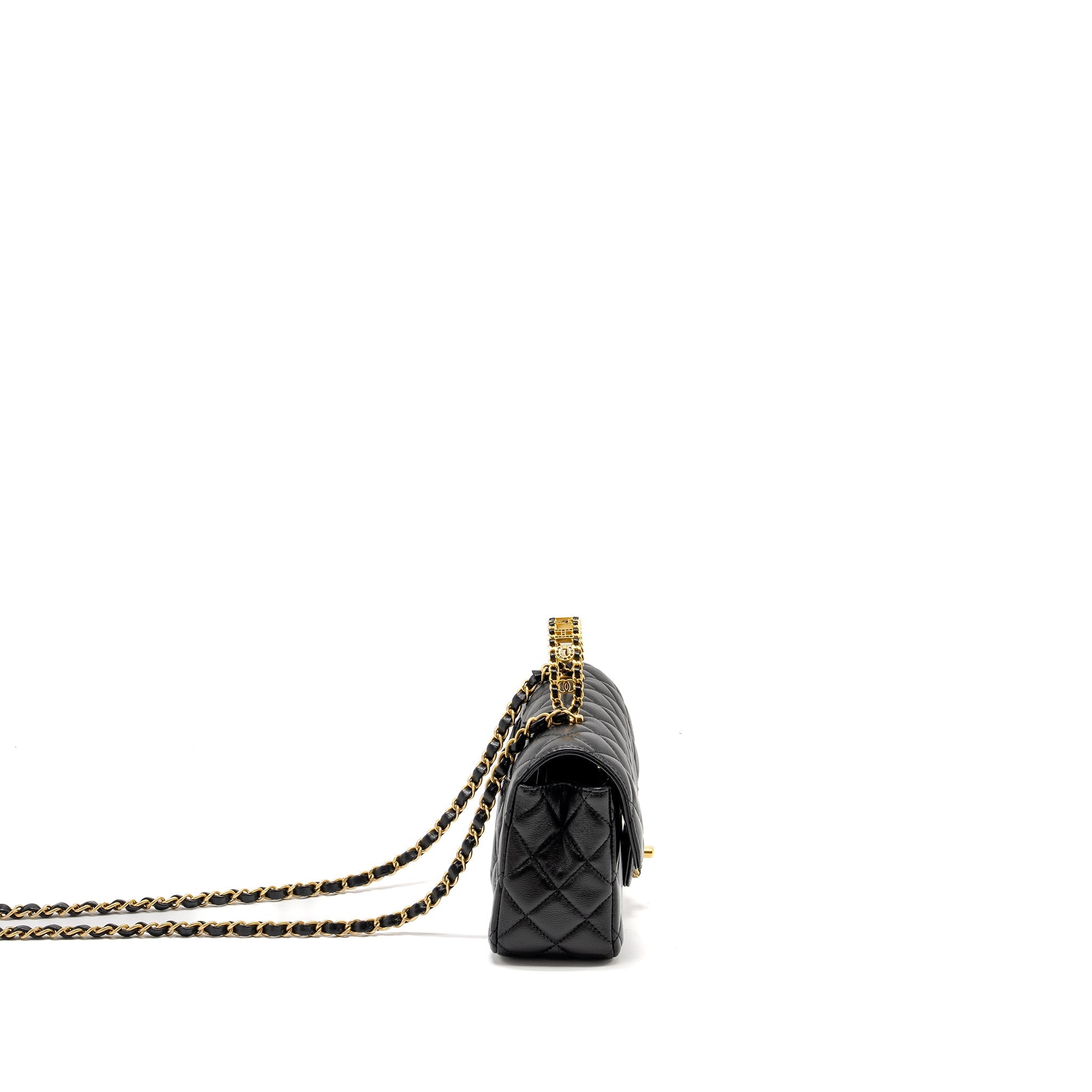 Chanel Detailed Top Handle Flap Bag Lambskin Black  (Microchip)