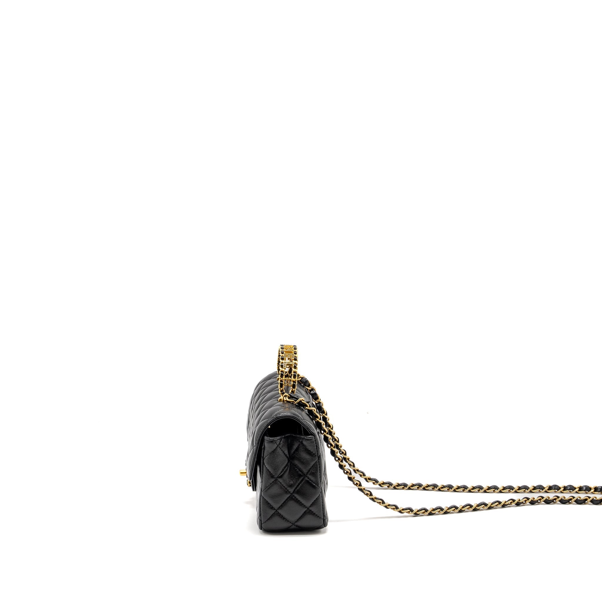 Chanel Detailed Top Handle Flap Bag Lambskin Black  (Microchip)