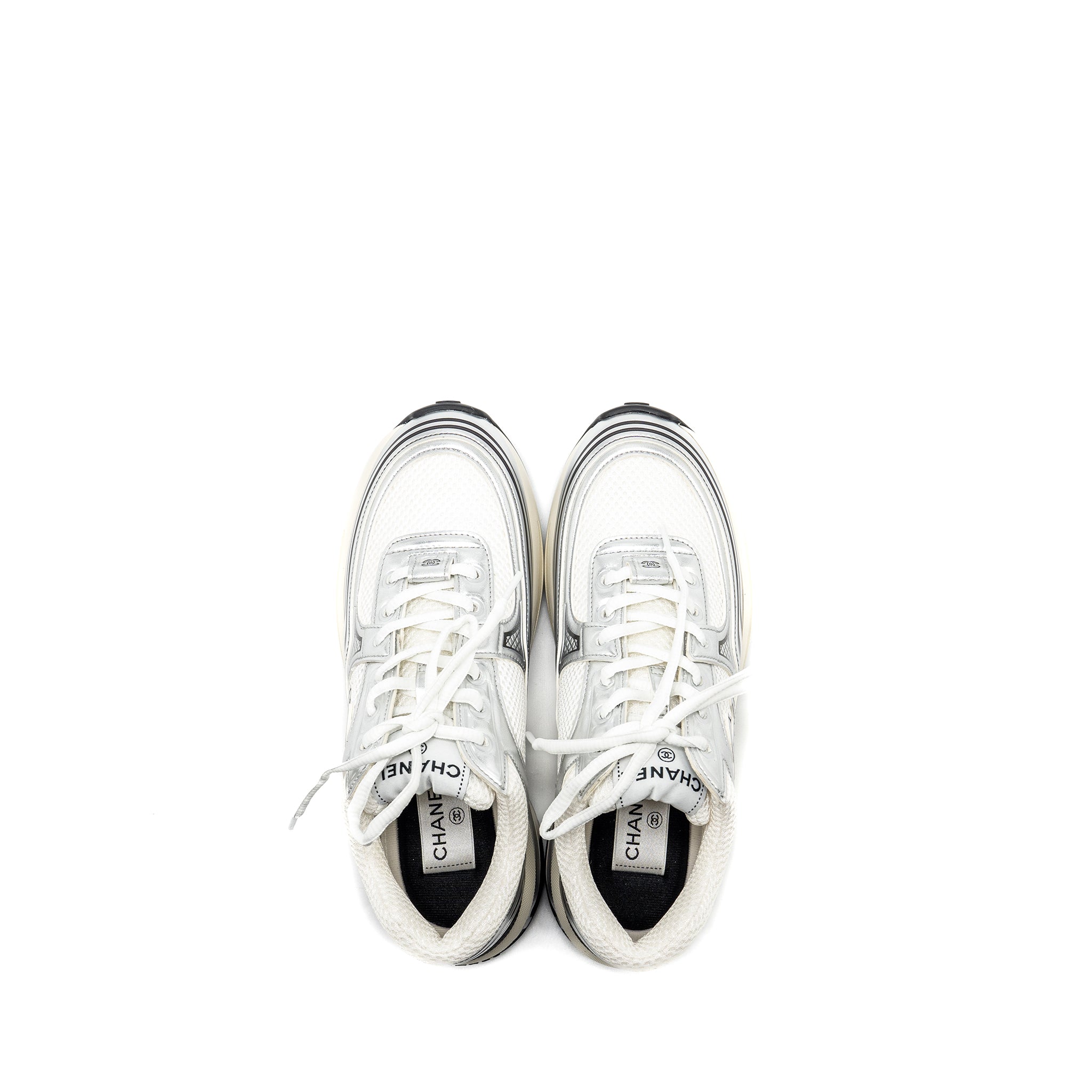 CHANEL Size 36.5 Metallic Trainer/Sneaker Silver/White
