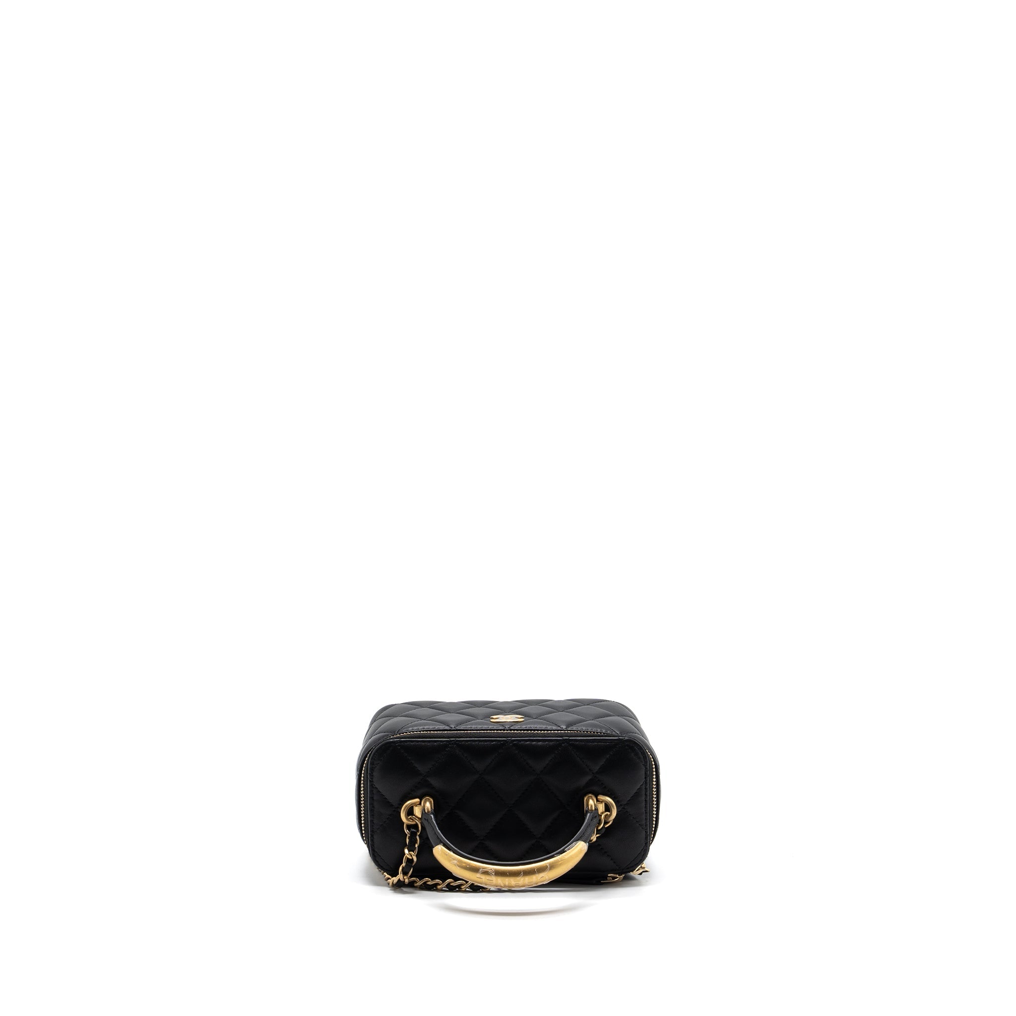 Chanel top handle long vanity with chain lambskin black  (microchip)