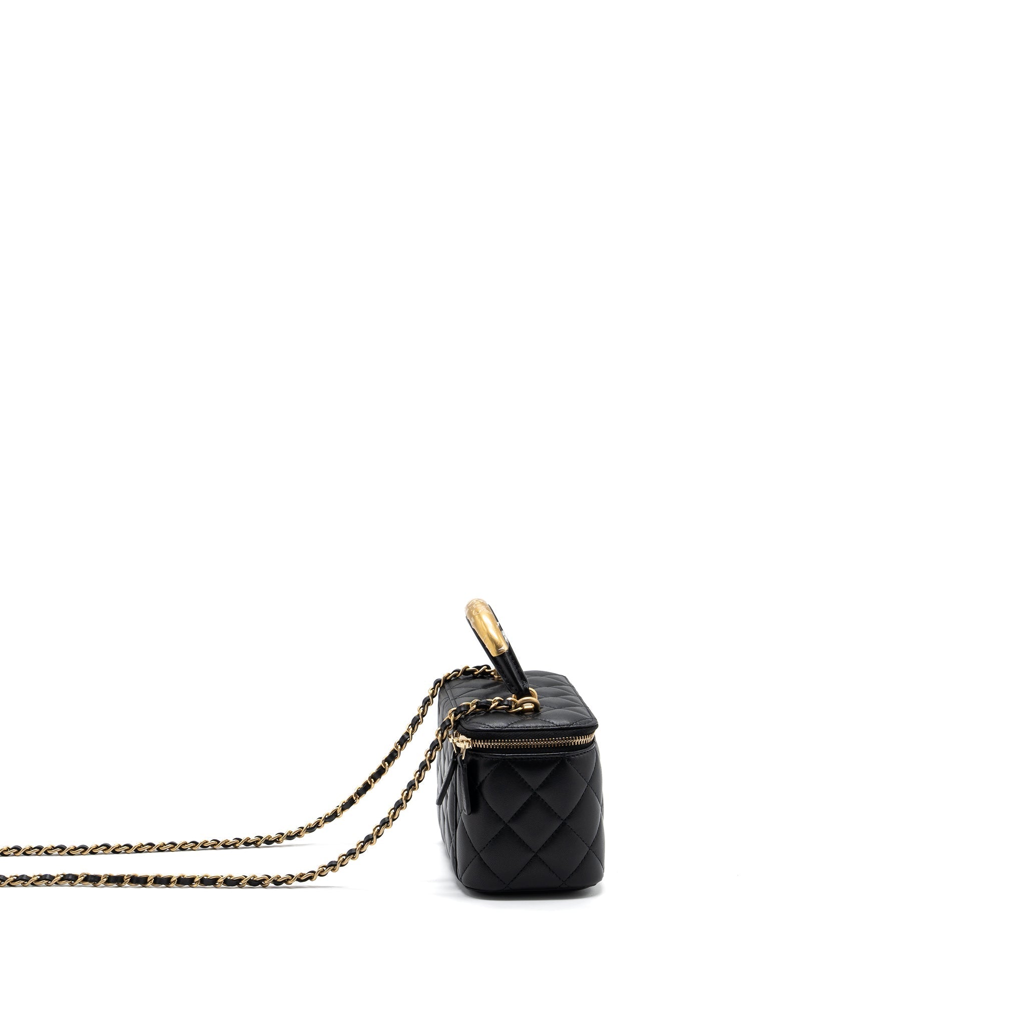 Chanel top handle long vanity with chain lambskin black  (microchip)