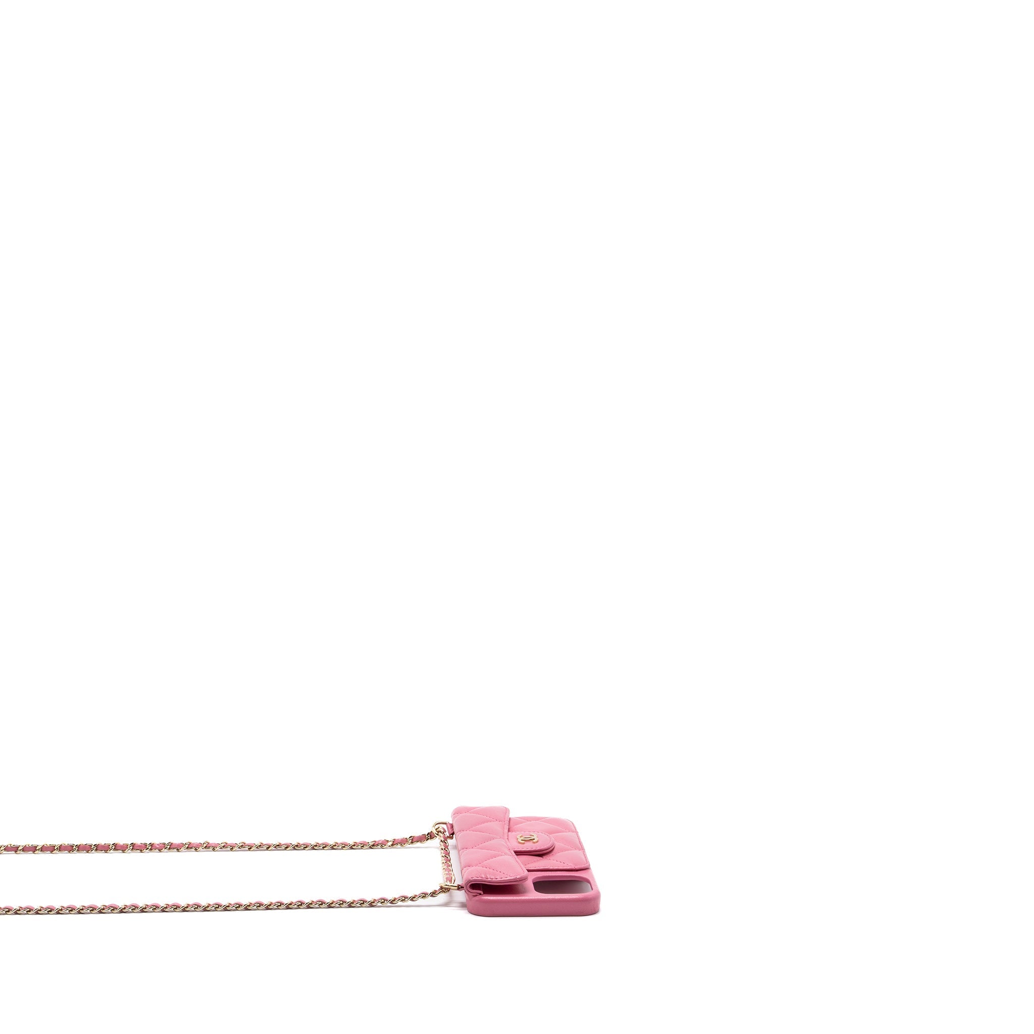 Chanel 21P pearl crush phone case with chain for iPhone 12 lambskin pink L