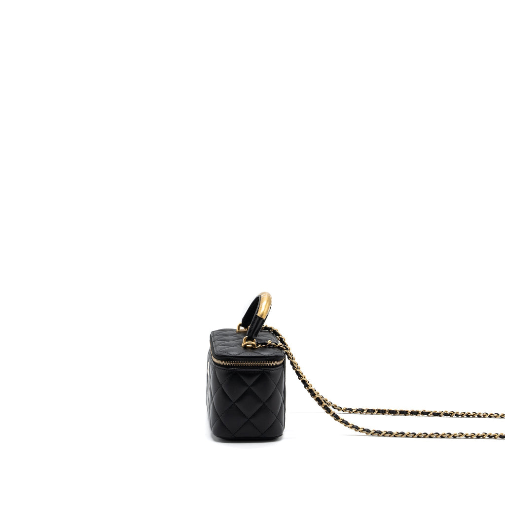 Chanel top handle long vanity with chain lambskin black  (microchip)