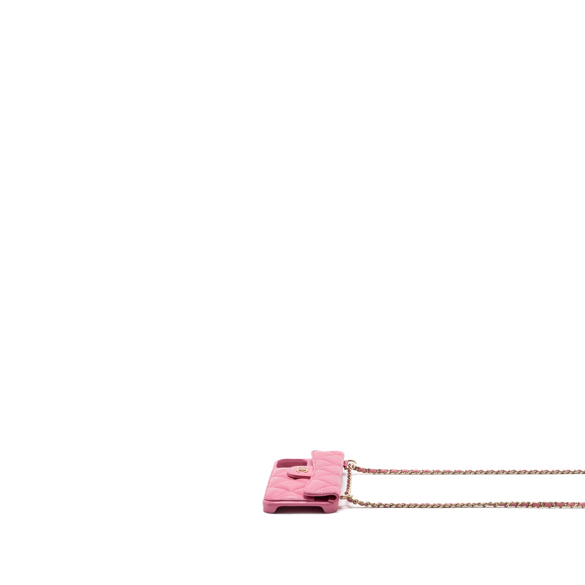 Chanel 21P pearl crush phone case with chain for iPhone 12 lambskin pink L