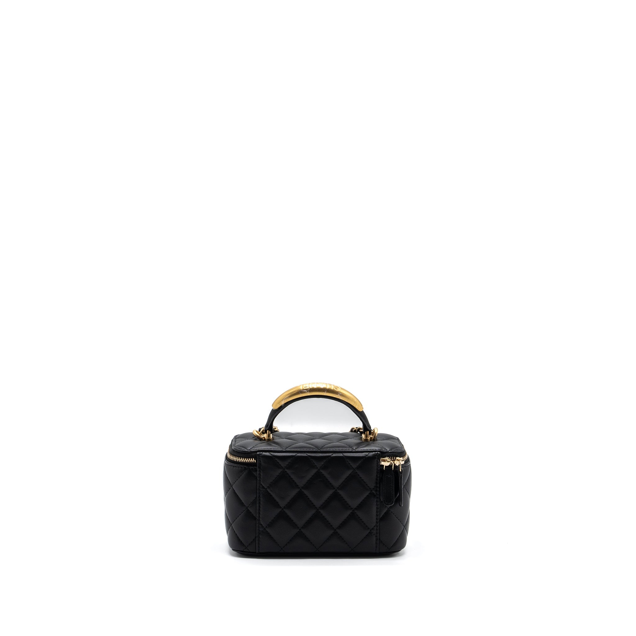 Chanel top handle long vanity with chain lambskin black  (microchip)