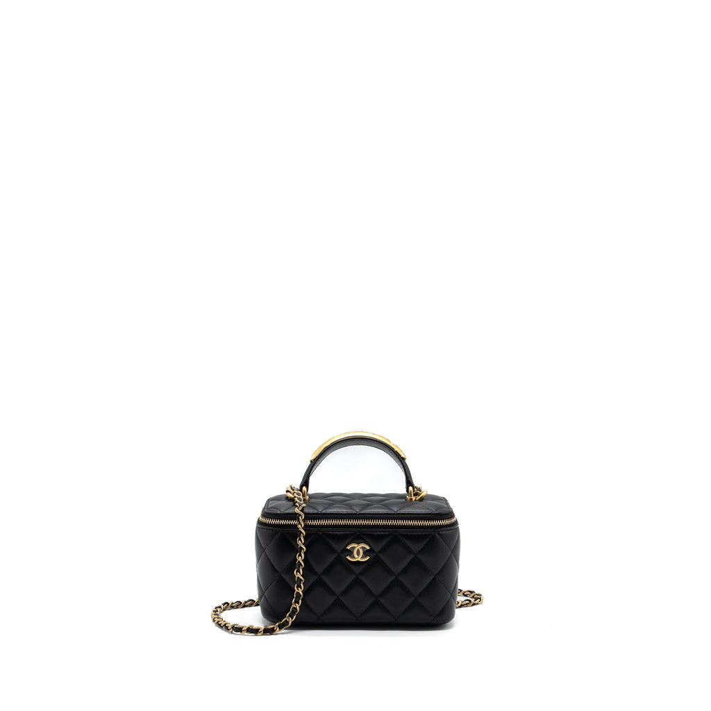 Chanel top handle long vanity with chain lambskin black  (microchip)