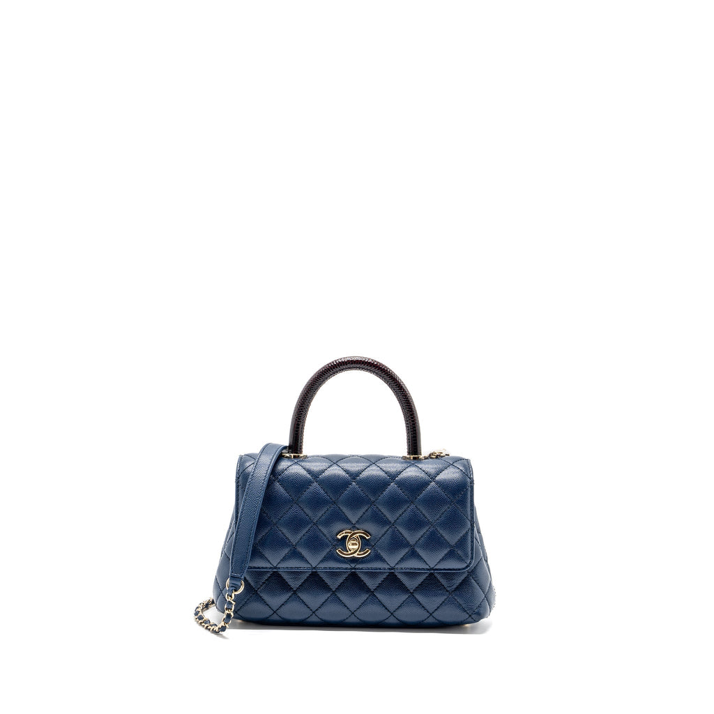 Chanel Small Coco Handle With Lizard Embossed Handle Caviar Navy L(microchip)