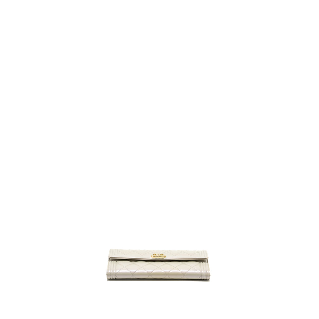 Chanel Boy Long Wallet Patent Iridescent Light Grey L