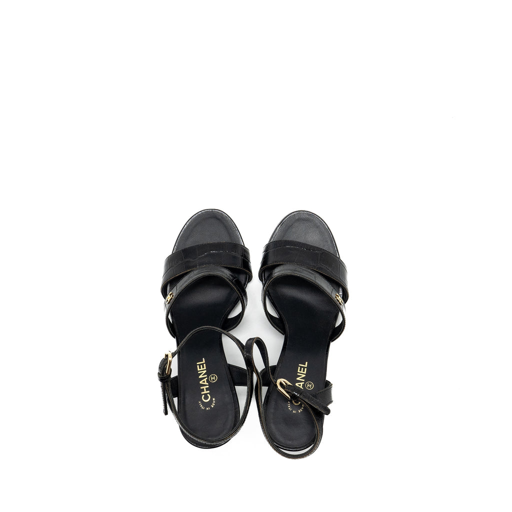 Chanel Size 36 CC Sandals Matte Crocodile-Embossed Calfskin Black