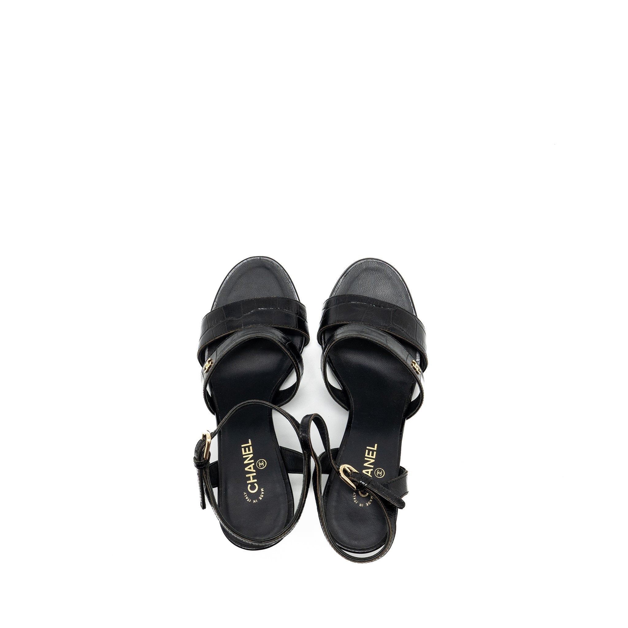 Chanel Size 36 CC Sandals Matte Crocodile-Embossed Calfskin Black