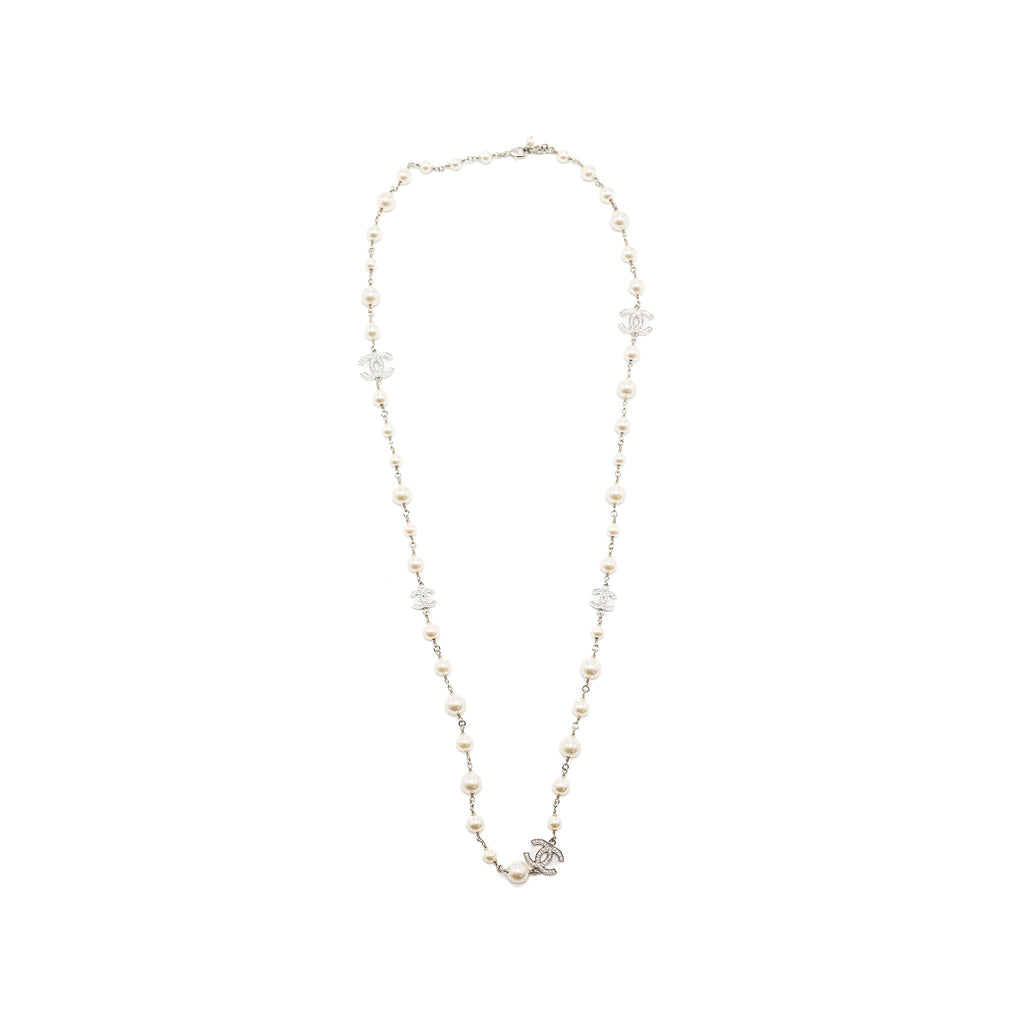 Chanel Pearl and CC with Crystal Long Necklace Silver Tone