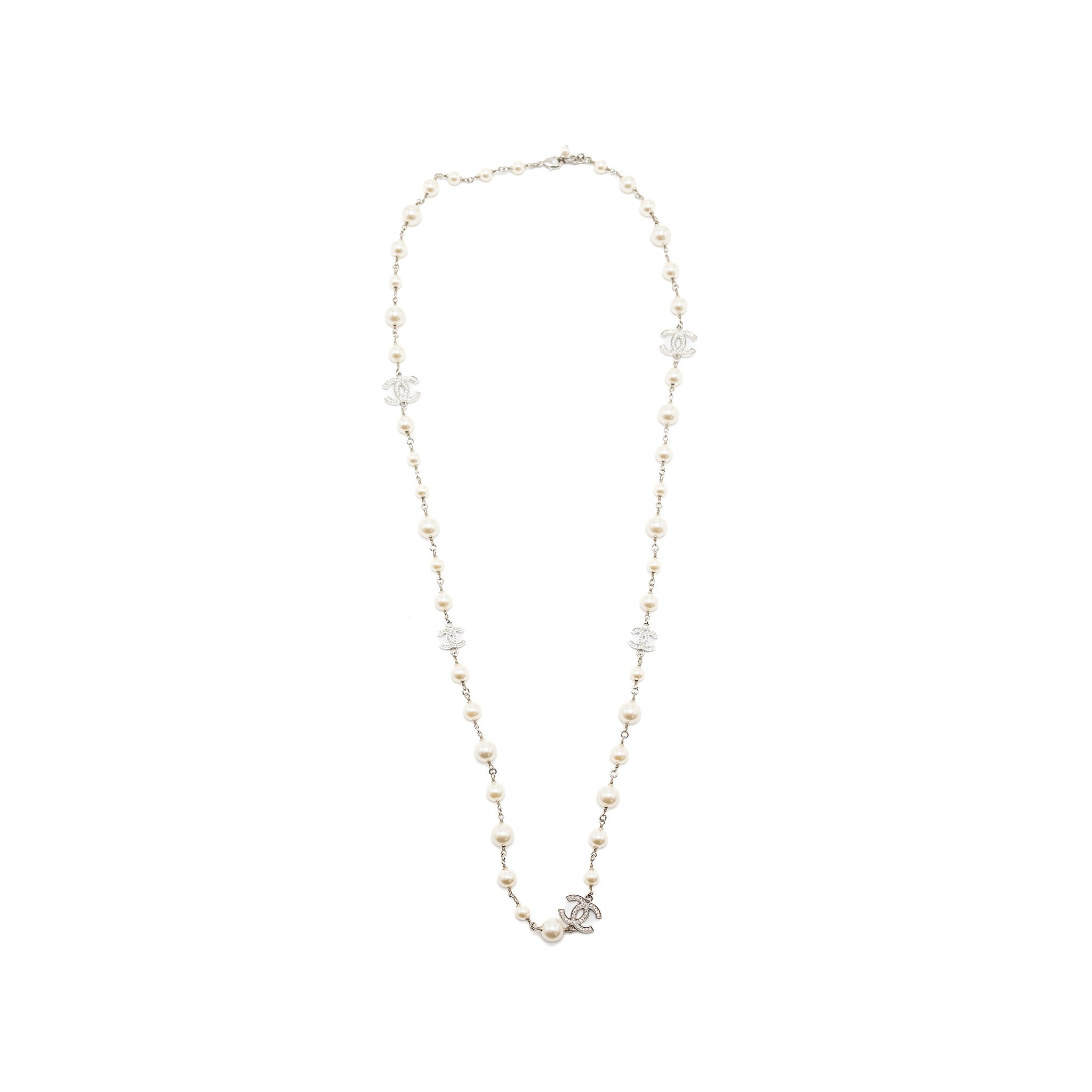Chanel Pearl and CC with Crystal Long Necklace Silver Tone