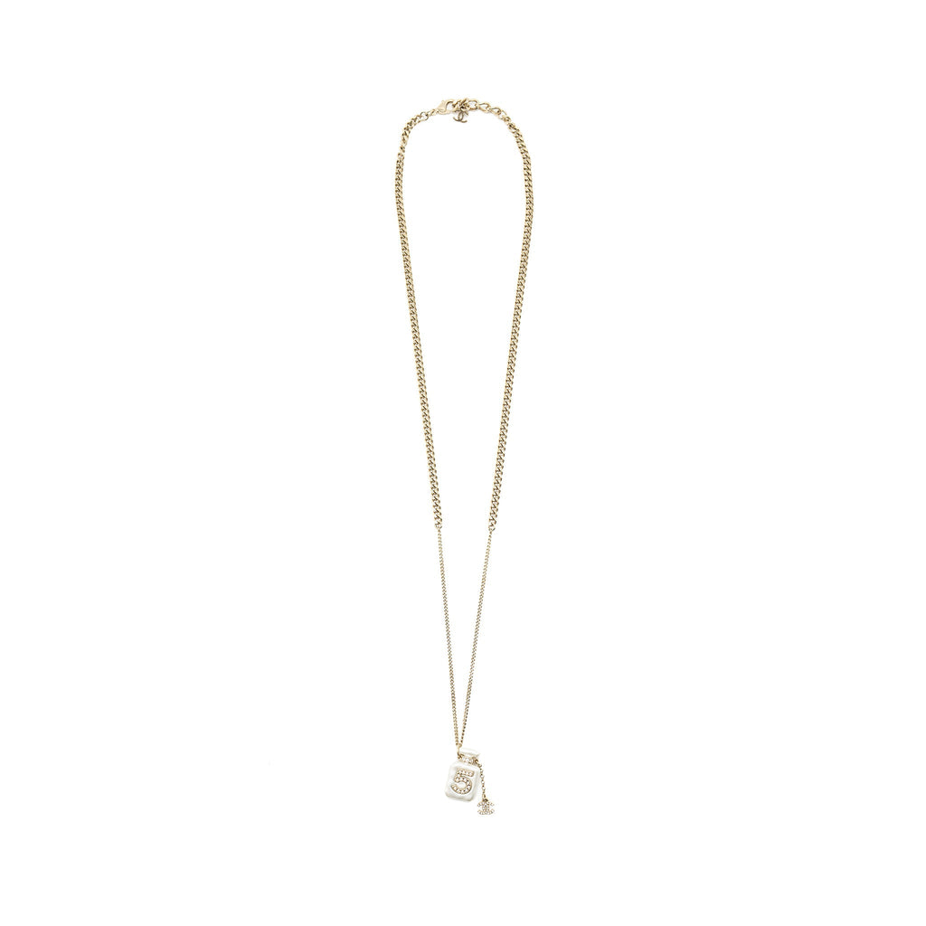 Chanel No.5 Perfume Bottle Long Necklace Light Gold Tone