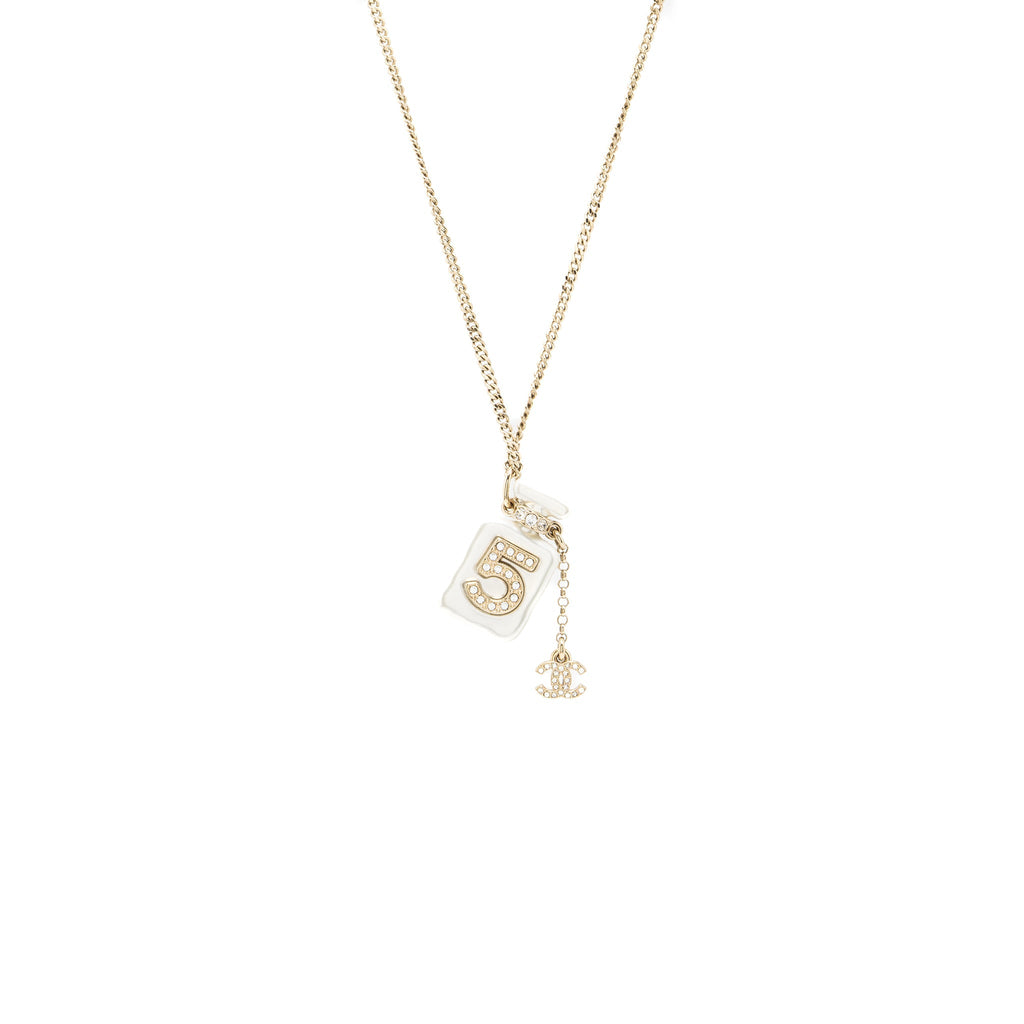 Chanel No.5 Perfume Bottle Long Necklace Light Gold Tone