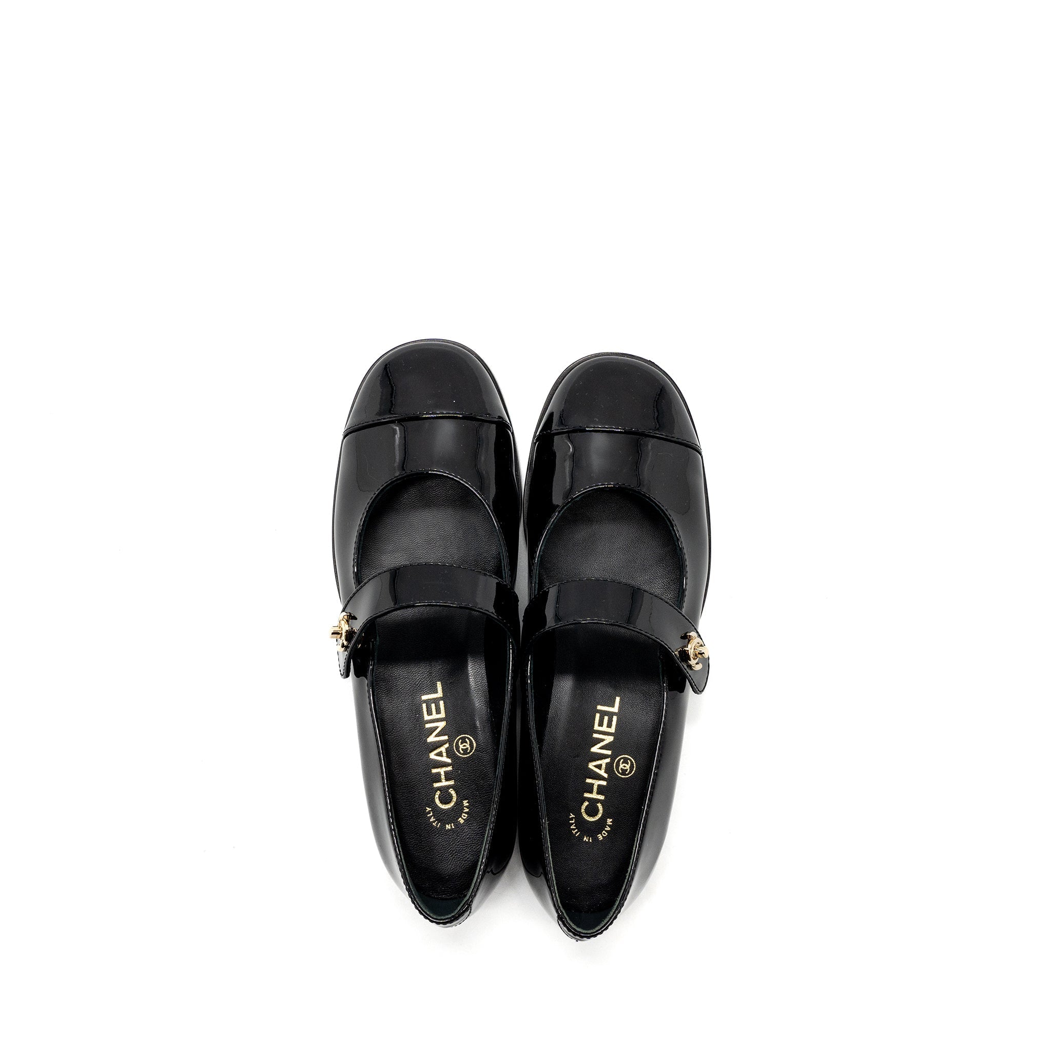 Chanel Size 37.5 Mary Janes Patent Calfskin Black L