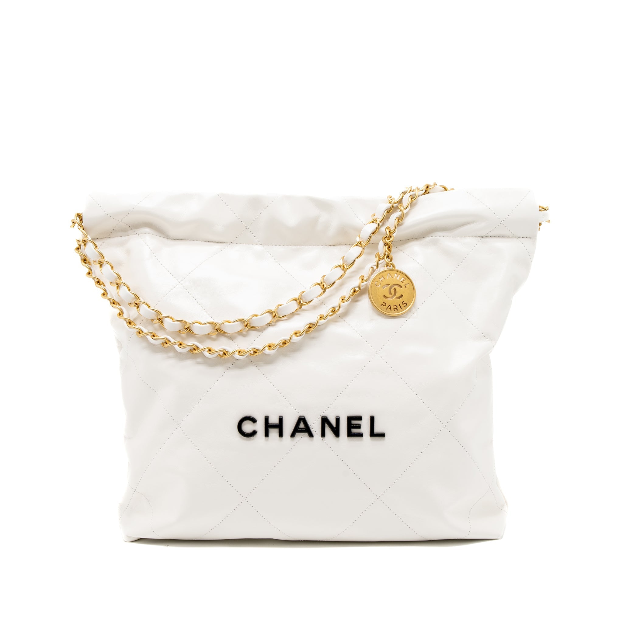 Chanel Small 22 Bag Black Letter Shiny Calfskin White Brushed  (Microchip)