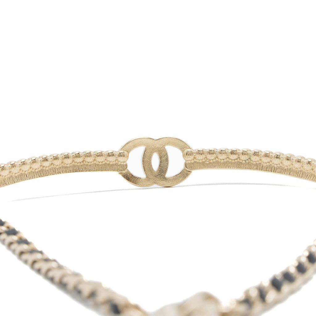 Chanel CC Logo Chocker Leather Chain Crystal Light Gold Tone