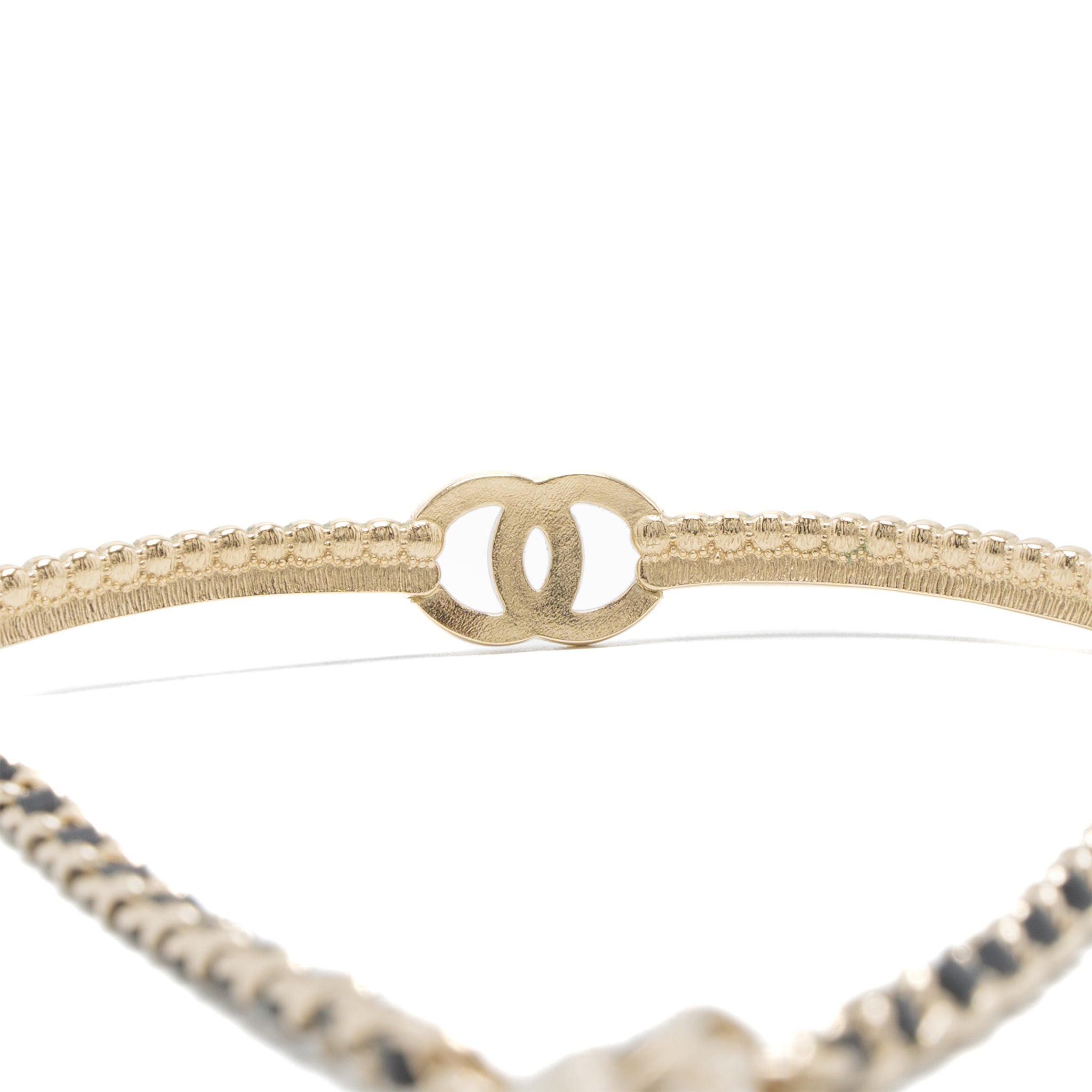 Chanel CC Logo Chocker Leather Chain Crystal Light Gold Tone