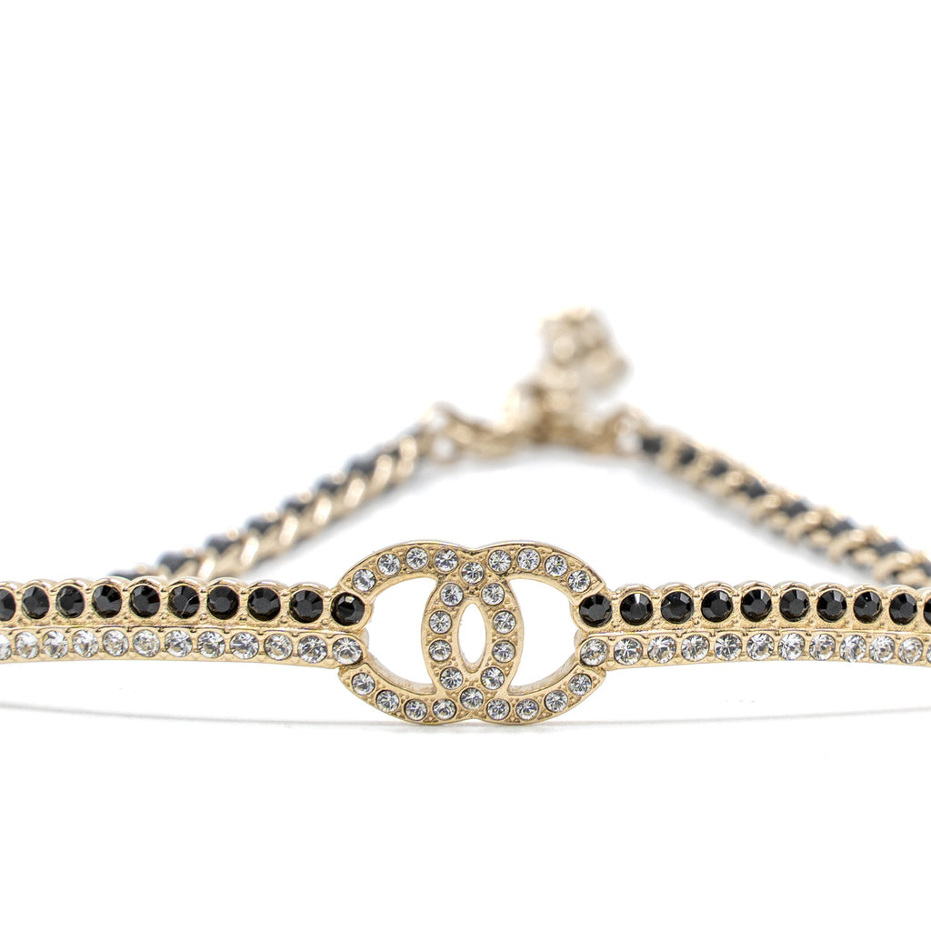 Chanel CC Logo Chocker Leather Chain Crystal Light Gold Tone