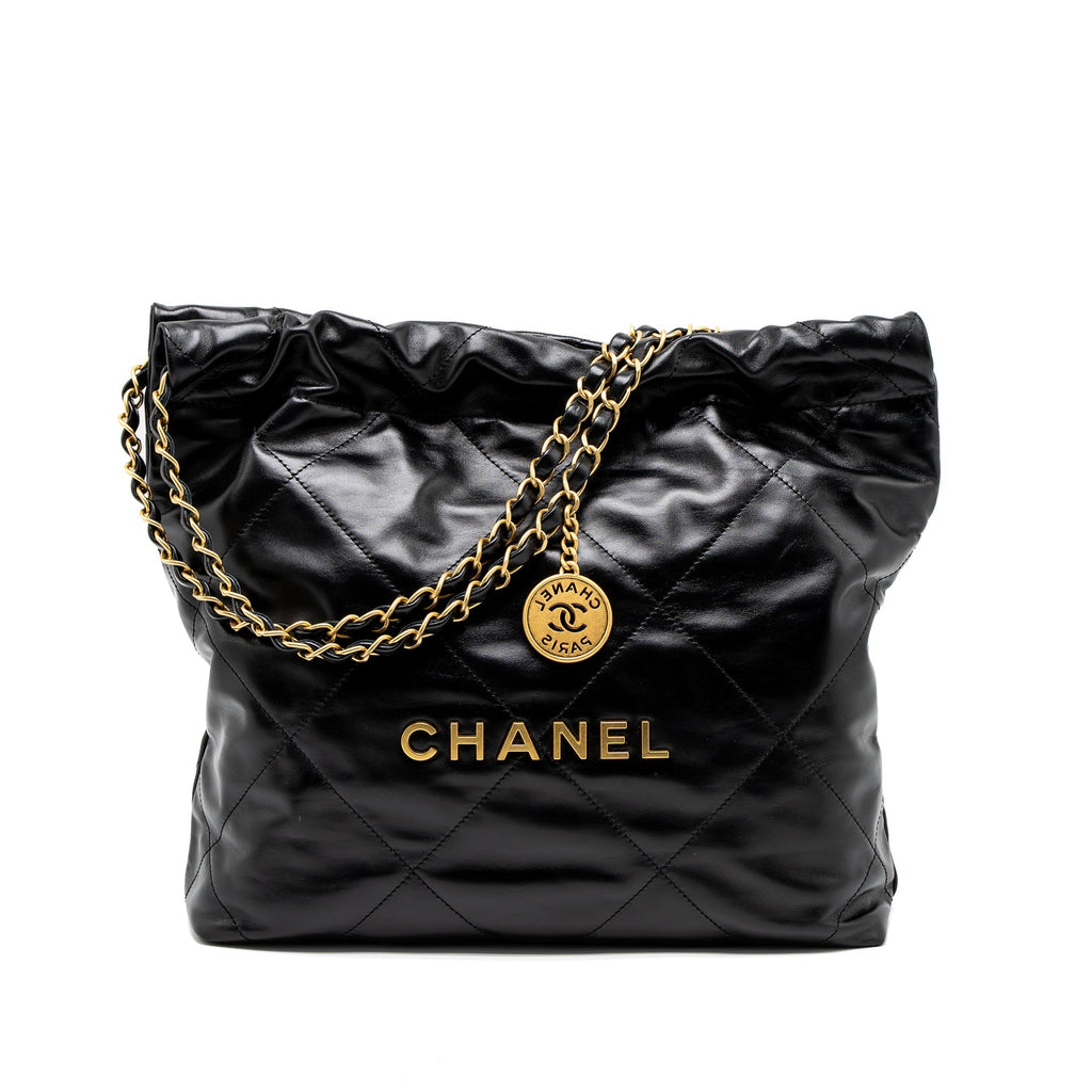Chanel Small 22 Bag Gold Letter Shiny Calfskin Black Brushed  (Microchip)