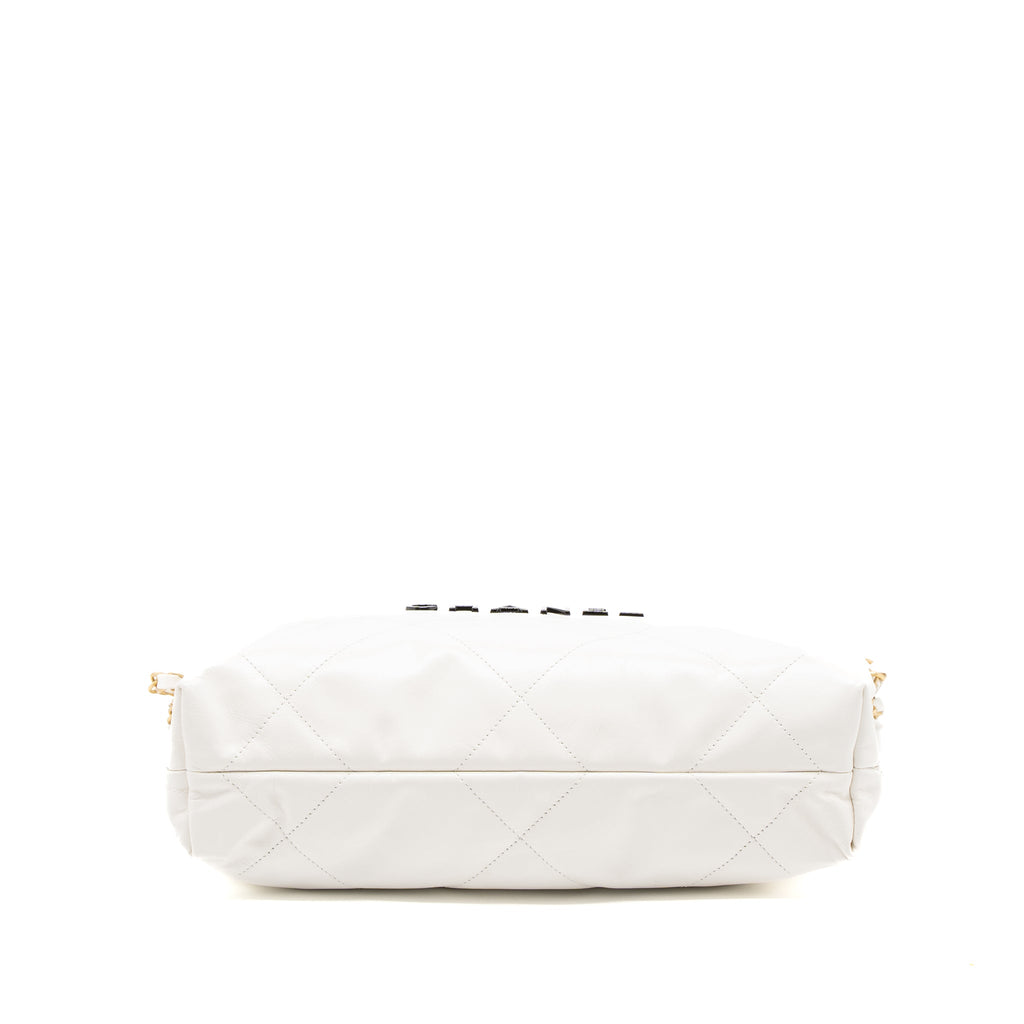 Chanel Small 22 Bag Black Letter Shiny Calfskin White Brushed  (Microchip)