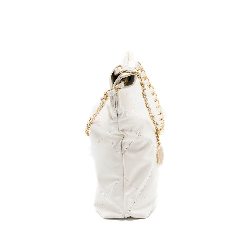 Chanel Small 22 Bag Black Letter Shiny Calfskin White Brushed  (Microchip)