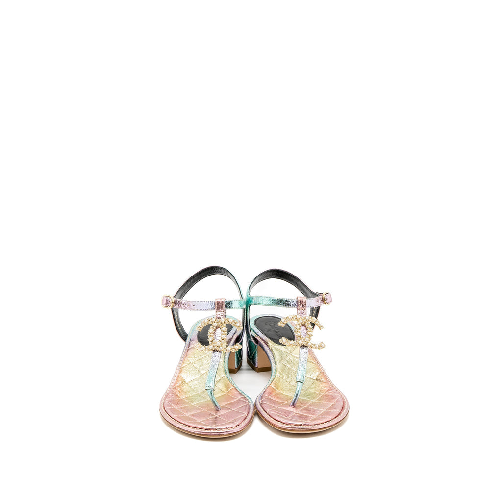 Chanel Size 38 Detailed CC Logo Leather Iridescent Multicolour Sandals