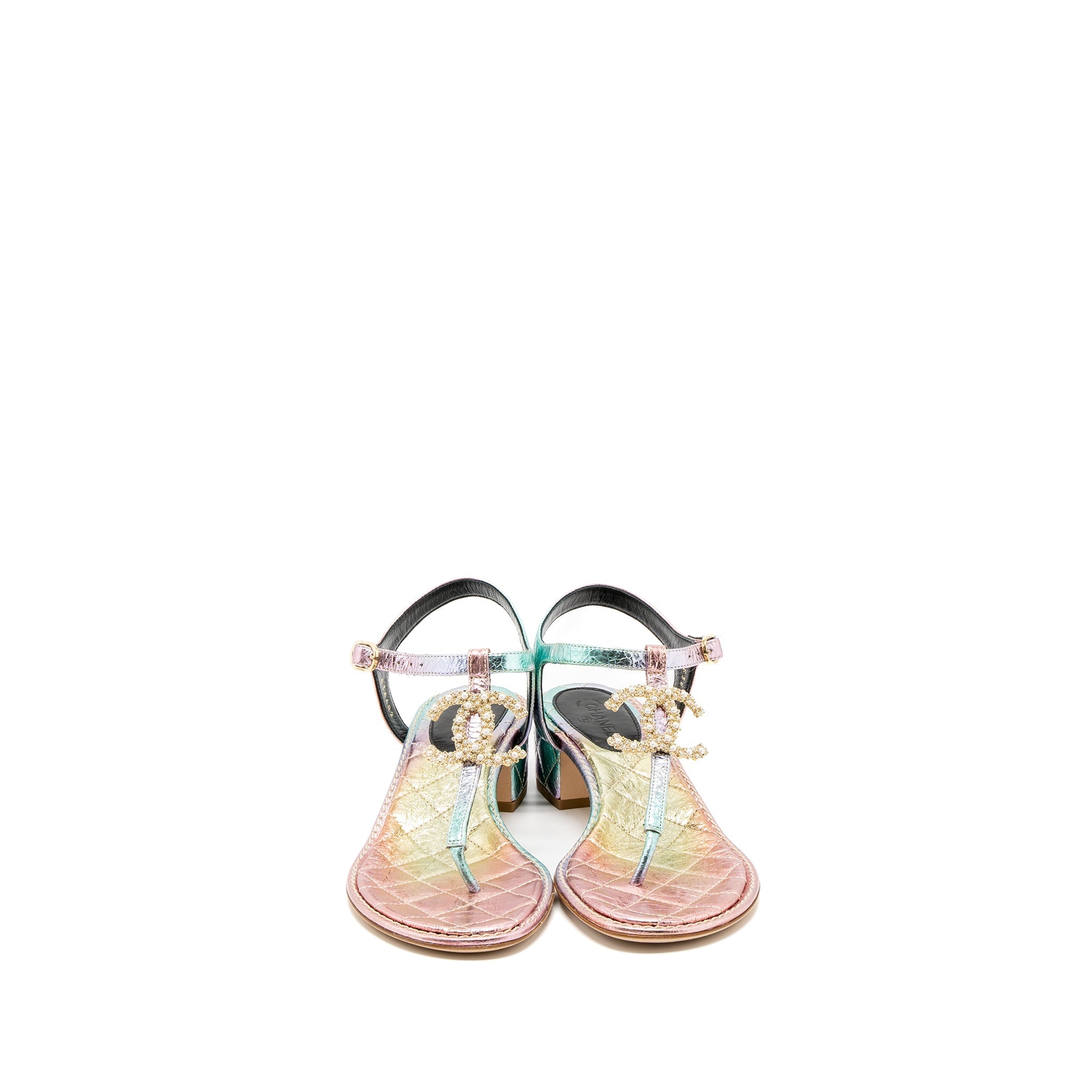 Chanel Size 38 Detailed CC Logo Leather Iridescent Multicolour Sandals