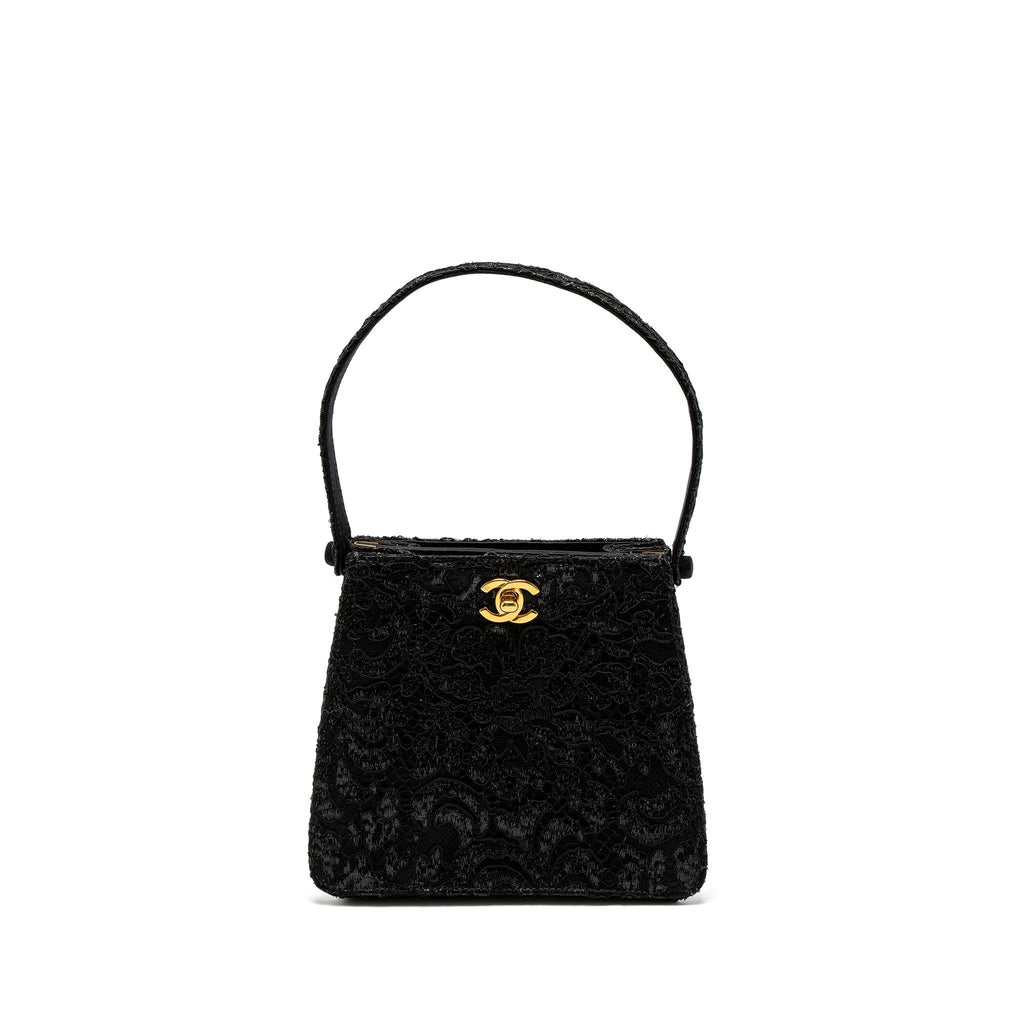 Chanel Vintage Double Sided Tumlock Handbag Laced Satin Black