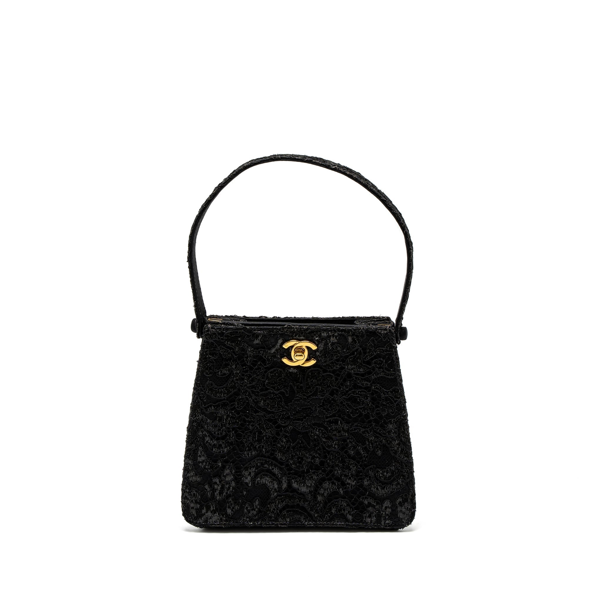Chanel Vintage Double Sided Tumlock Handbag Laced Satin Black
