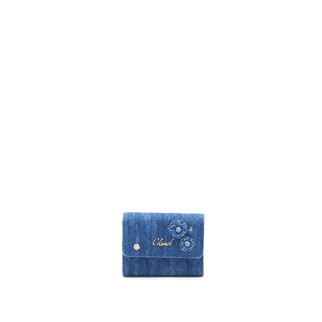 Chanel Flap Card Holder Camellia Denim Blue
